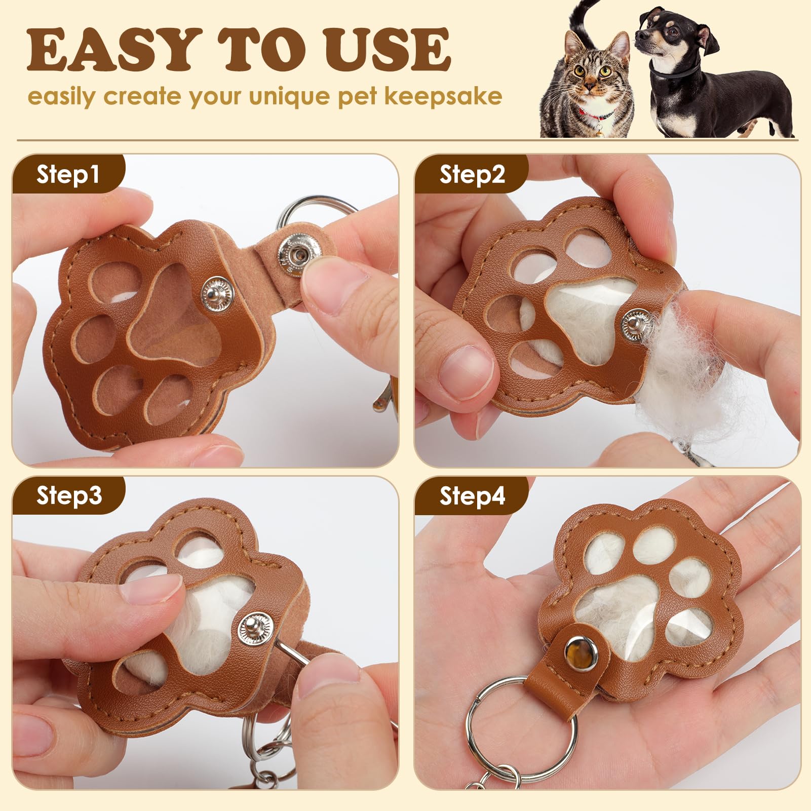 Kiiwah 2 Pezzi Portachiavi Carino a Forma di Zampa, Raccoglitore di Peli di Animali, Ricordo Regali per Amanti dei Cani Gatti (Marrone+Bianco)