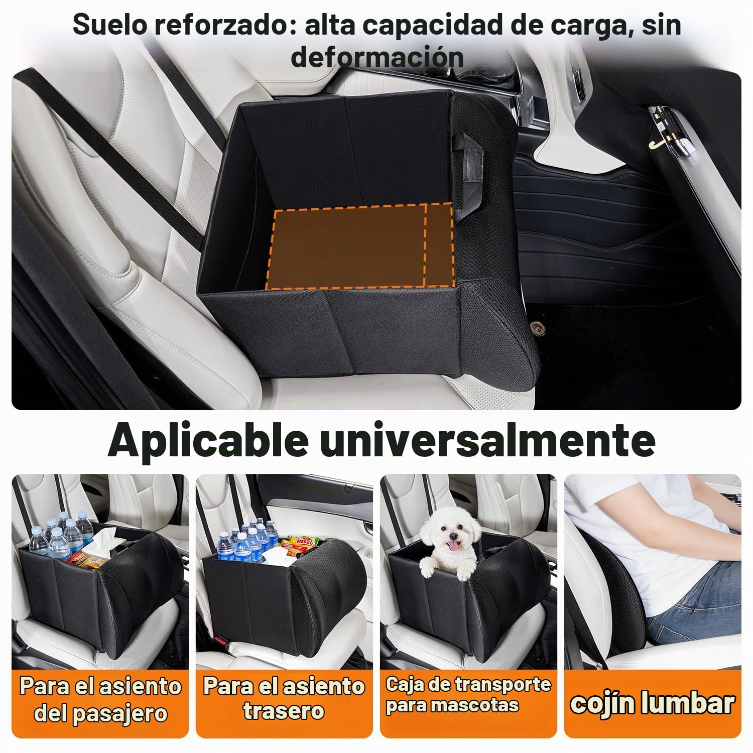 GGW Organizador plegable 2 en 1 para asiento del copiloto con cojín lumbar | Caja plegable resistente como solución de asiento y almacenamiento. Adecuado para coches, coches, SUV y camionetas
