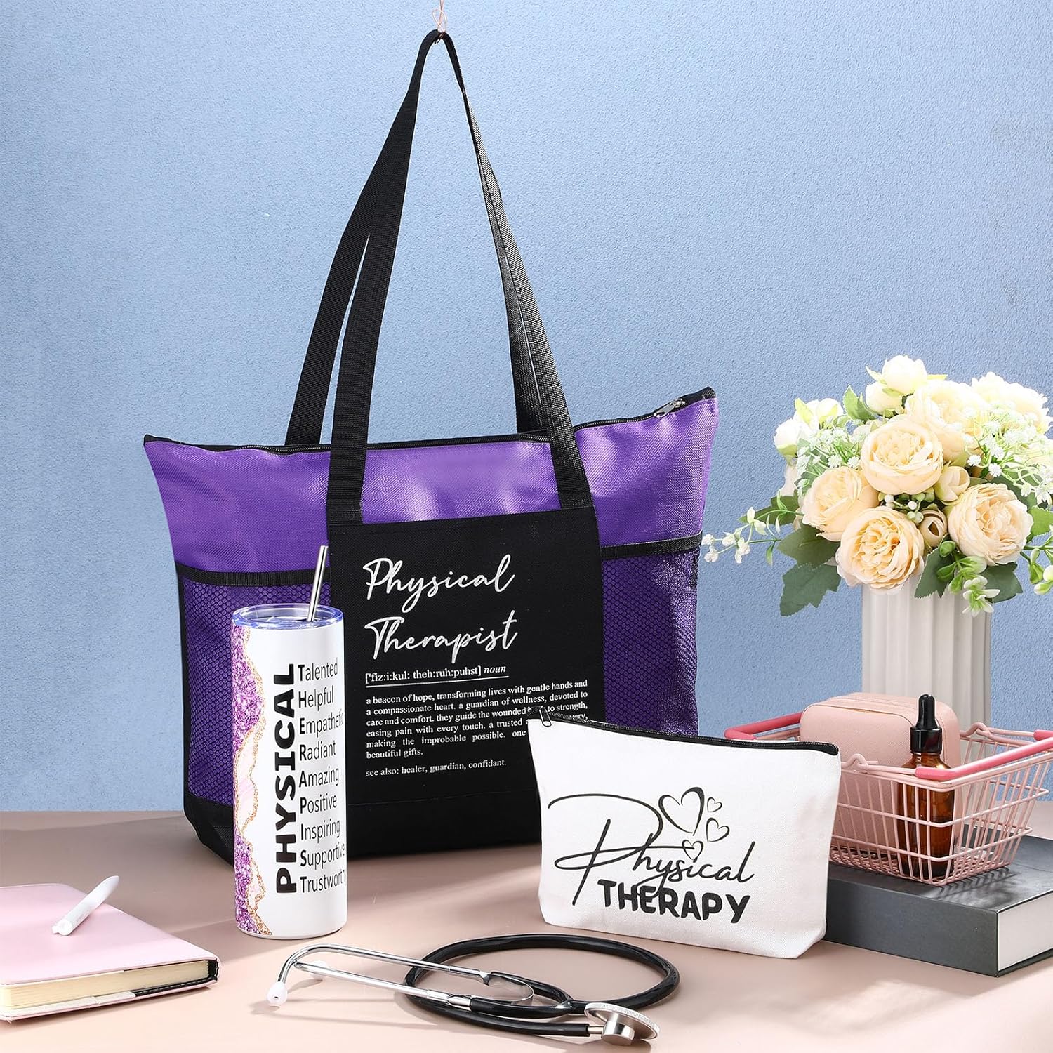 Patelai 3 Pcs Physical Therapist Appreciation Gift Set 20 oz Stainless Steel Tumbler with Straw Brush Canvas Cosmetic Bag Tote Bag for Staff Colleagues World Physical Therapist Day(Purple) - Image 4