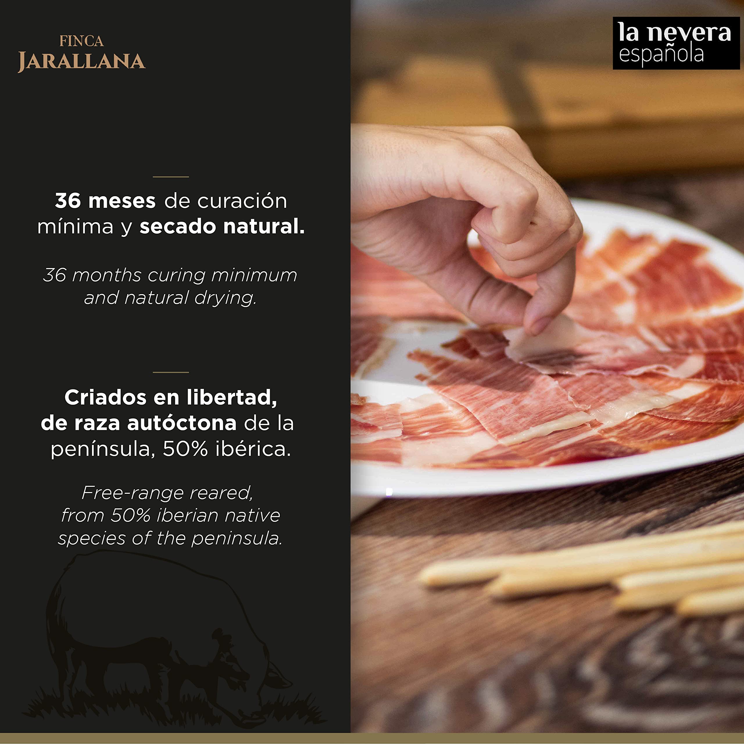 Finca Jarallana | Prosciutto Iberico di Ghianda 50% | Pezzo da 9 kg ca. Asciugatura Naturale e 3 Anni di Guarigione | Maiali di Razza Iberica Nutriti con Ghiande