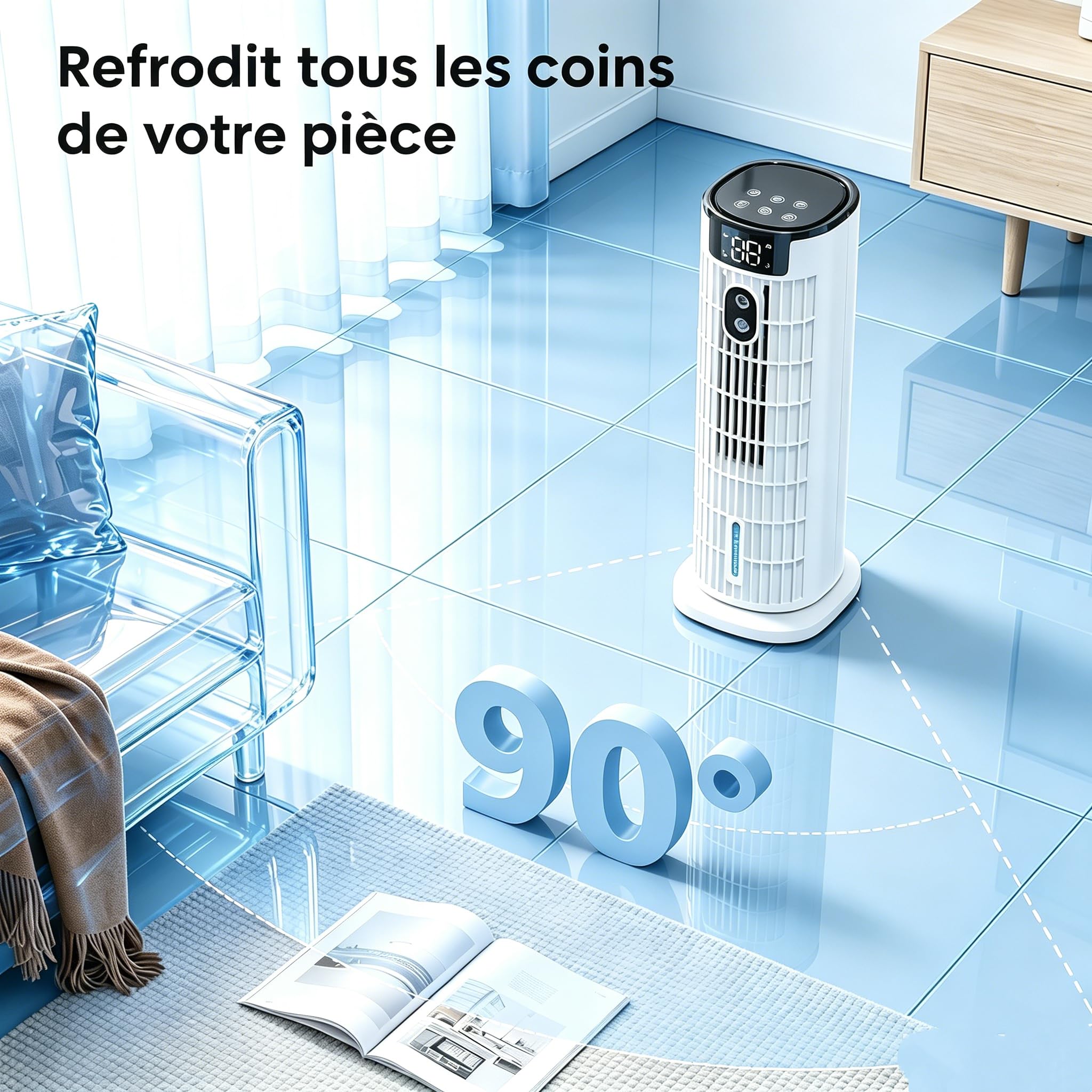 Climatiseur Mobile Refroidisseur d'Air télécommande et tactile | 6 en 1 refroidissement avec humidification | Vent fort jusqu'à 7,5 m/s | Silencieux et efficace