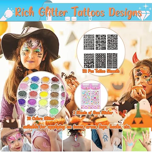 Miniatura 5 de TEUVO Kit de tatuaje con purpurina para niños con polvo de purpurina de 50 colores, 132 plantillas, 10 calcomanías luminosas, 6 polvos que brillan