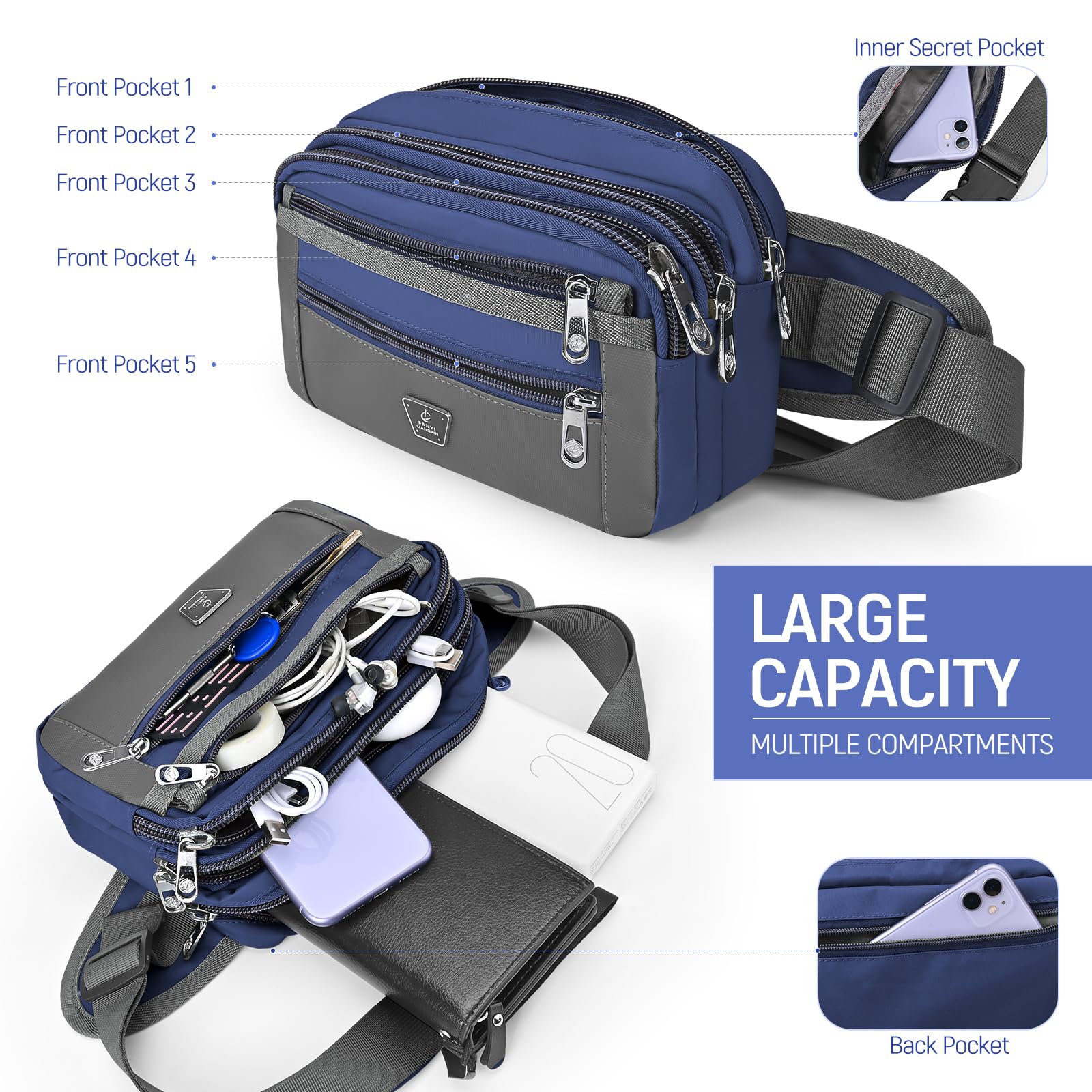 Sacoche Banane Homme Sac Banane Femme avec 7 Poches Zippées et Sangle Réglable Grande Capacité Sac Banane pour Le Jogging Randonnée Camping Cyclisme, Bleu