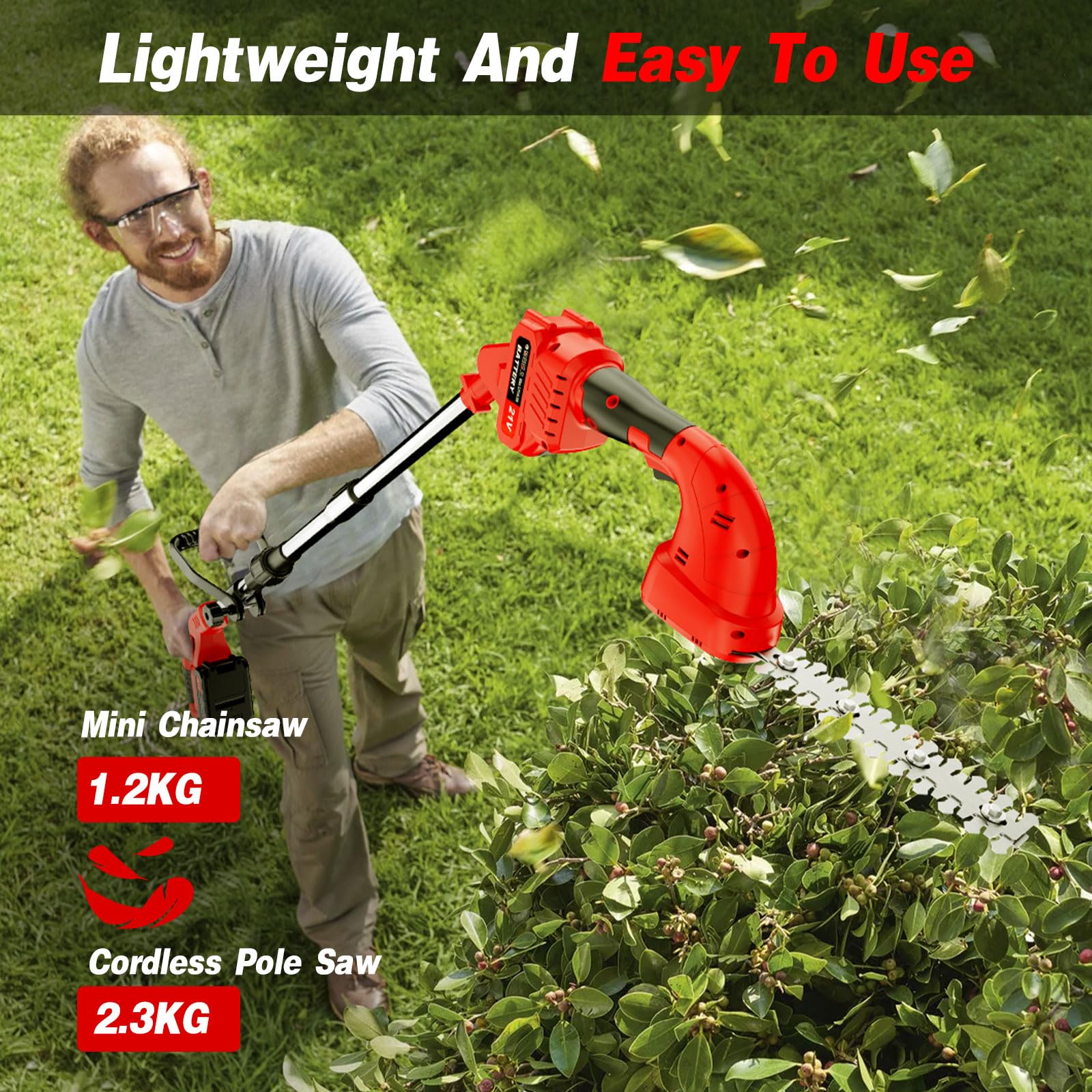 Cortasetos inalámbrico de largo alcance de 650 W telescópico de poste cortasetos ligero extendido con 2 baterías de 21 V y cargador de cuchillas dobles para setos, arbustos, ramas, arbustos