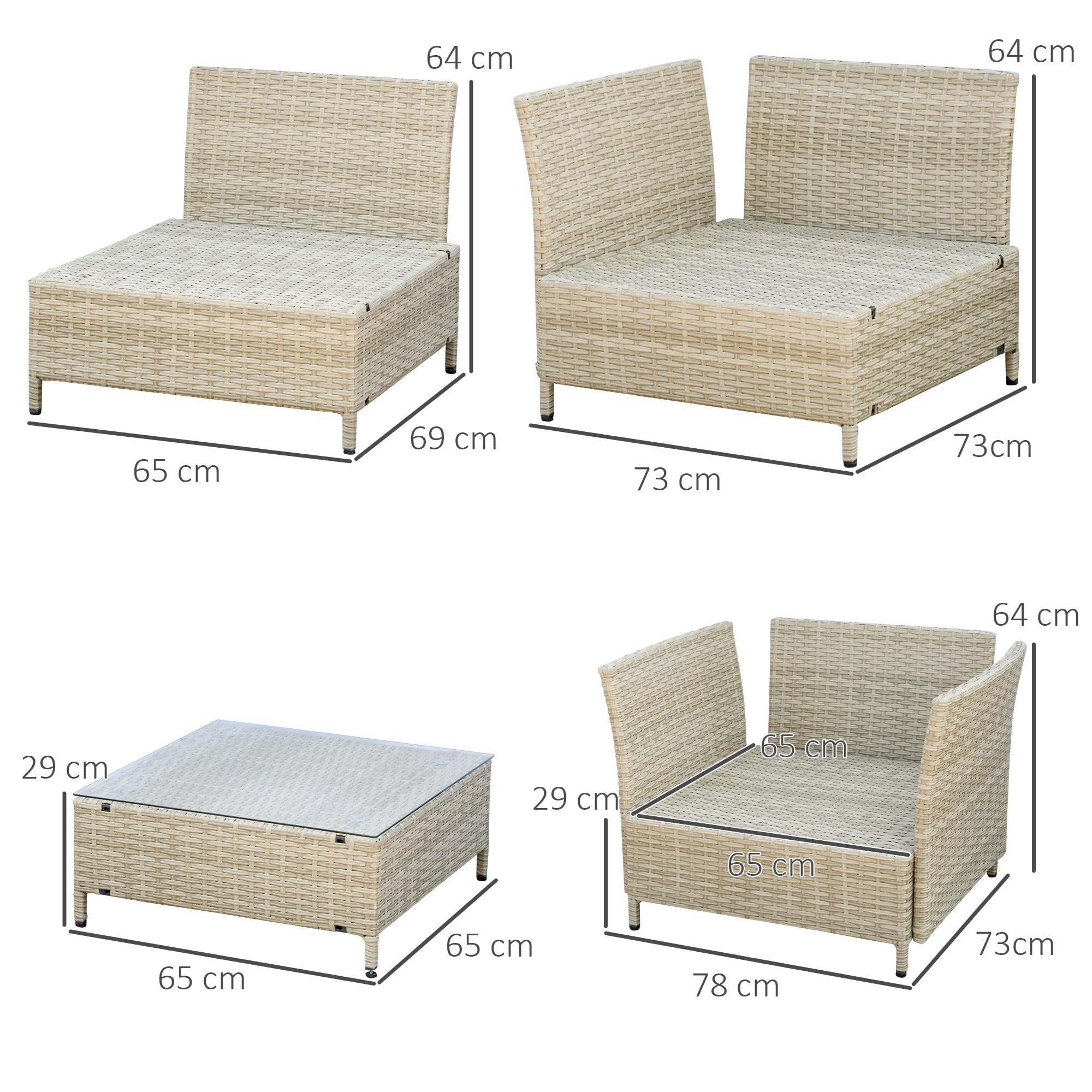 Outsunny Salotto da Giardino 7 Pezzi Modulabile con Tavolino, Poltrona, Poltrona Angolare e 2 Divanetti in Rattan PE con Cuscini, Beige