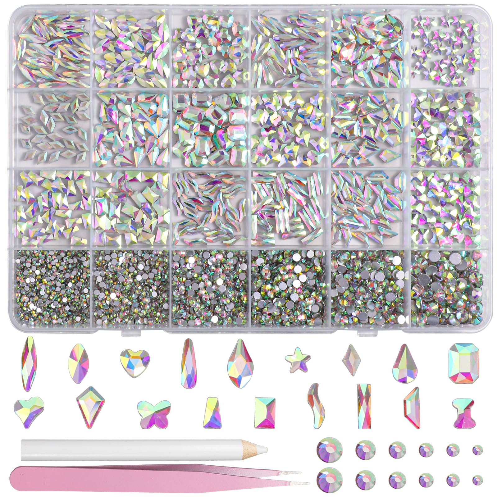 AB-Colors - Kit di strass per nail art, con retro piatto | Strass di cristallo AB con retro piatto, multi forme, diamanti per nail art, artigianato, vestiti, scarpe, gioielli