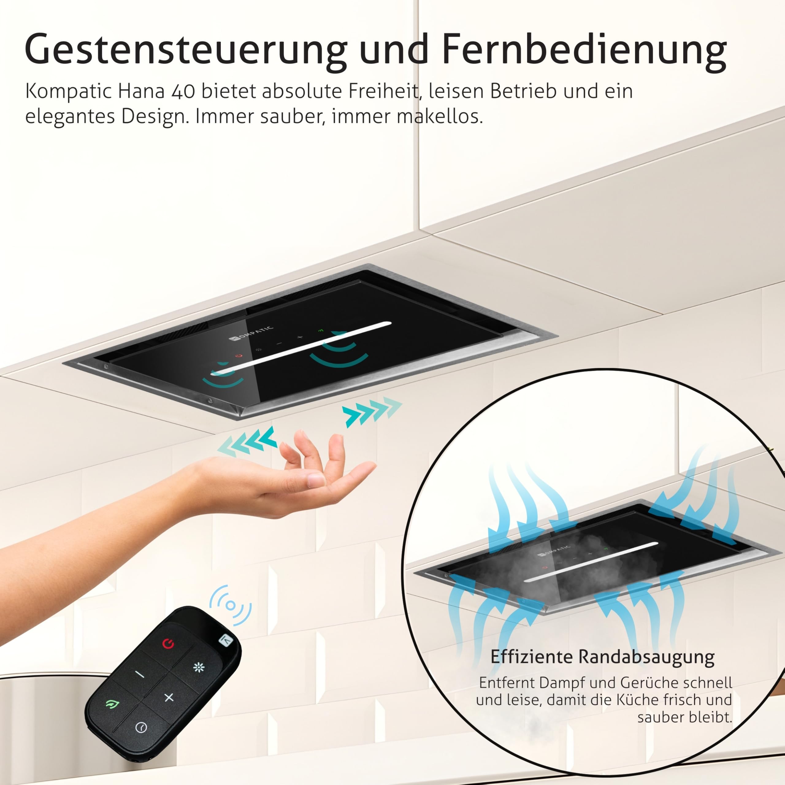 HANA 40 KPHN40BIS Einbau Dunstabzugshaube, A++, 40 cm, 450 m³/h, Gestensteuerung, Touch, Fernbedienung, Dimmbare LED, 3 Geschwindigkeiten + Boost