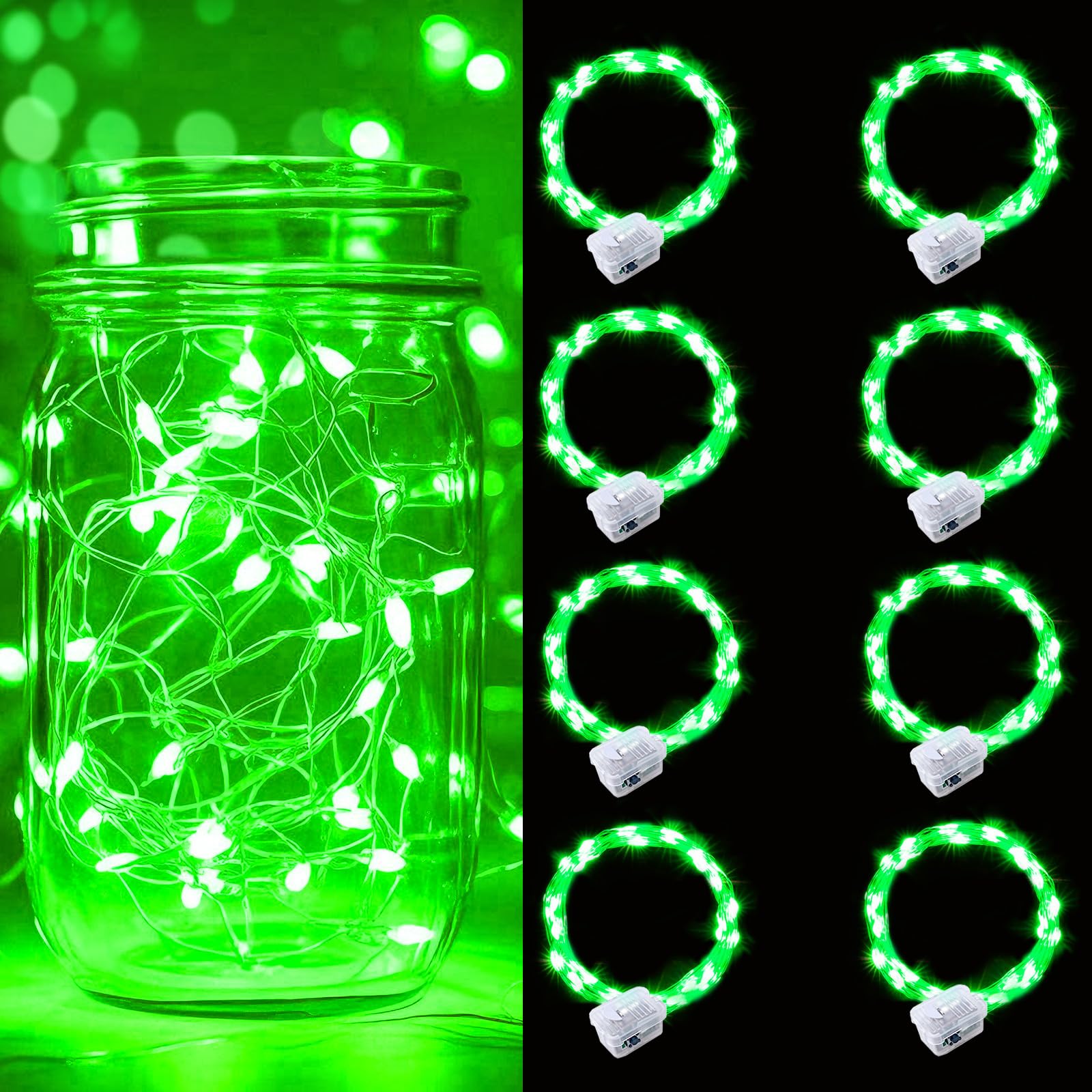 pozzolanas 8 Pack Green Battery Operated String Lights - 7ft Waterproof Fairy Lights with 20 LEDs for Home, Mason Jar, Party, Wedding, Halloween, Christmas Decorations