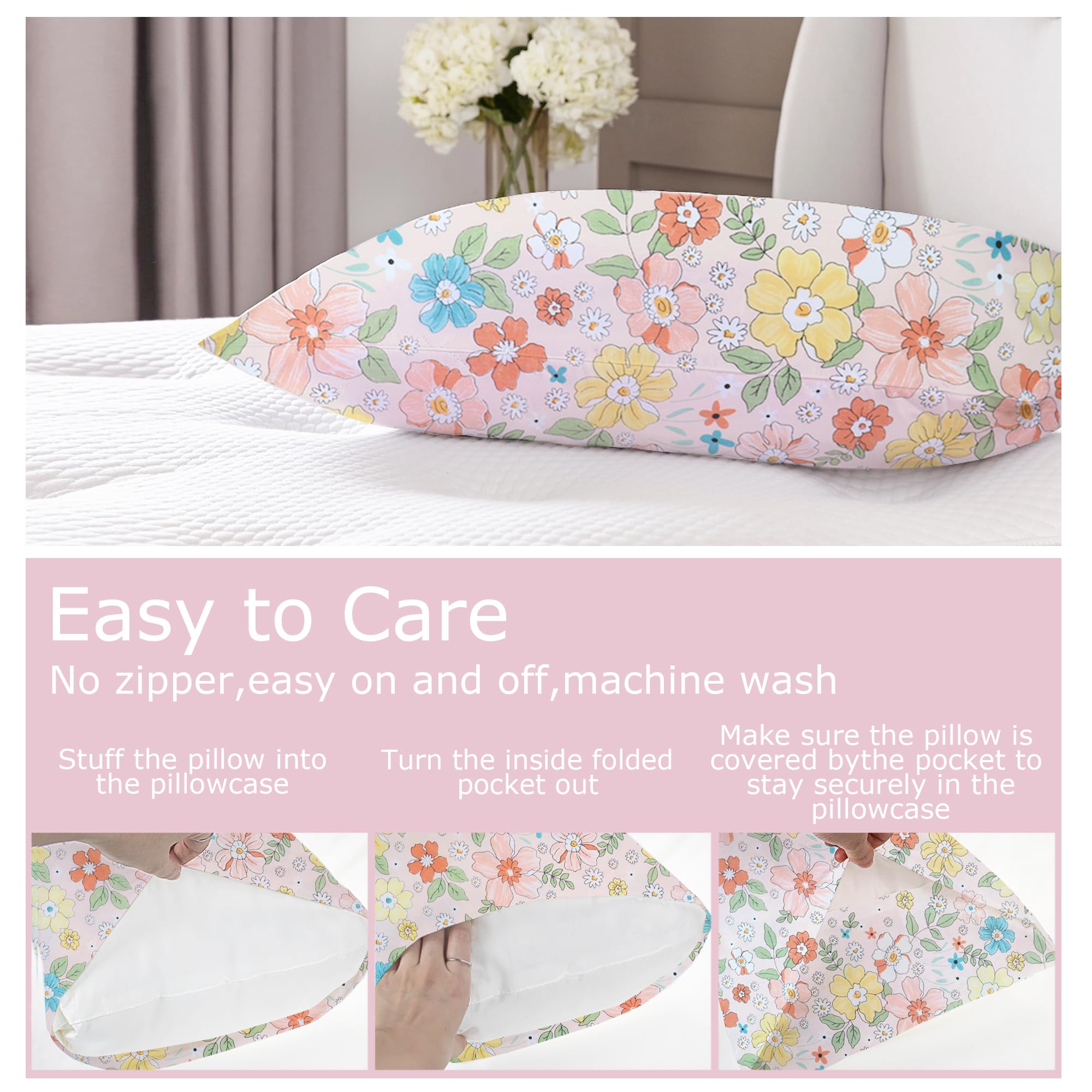 Set of 2 pillowcases, 51 x 76 cm, 100% cotton pillowcases for pillows envelope closure, cosy floral style pillowcase - Image 2