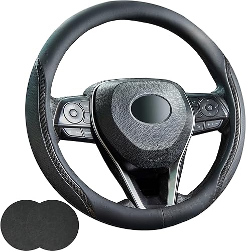Muamos Funda para volante de automóvil, color negro, de 14.5 a 15 pulgadas, con posavasos, microfibra de cuero, fibra de carbono, transpirable,