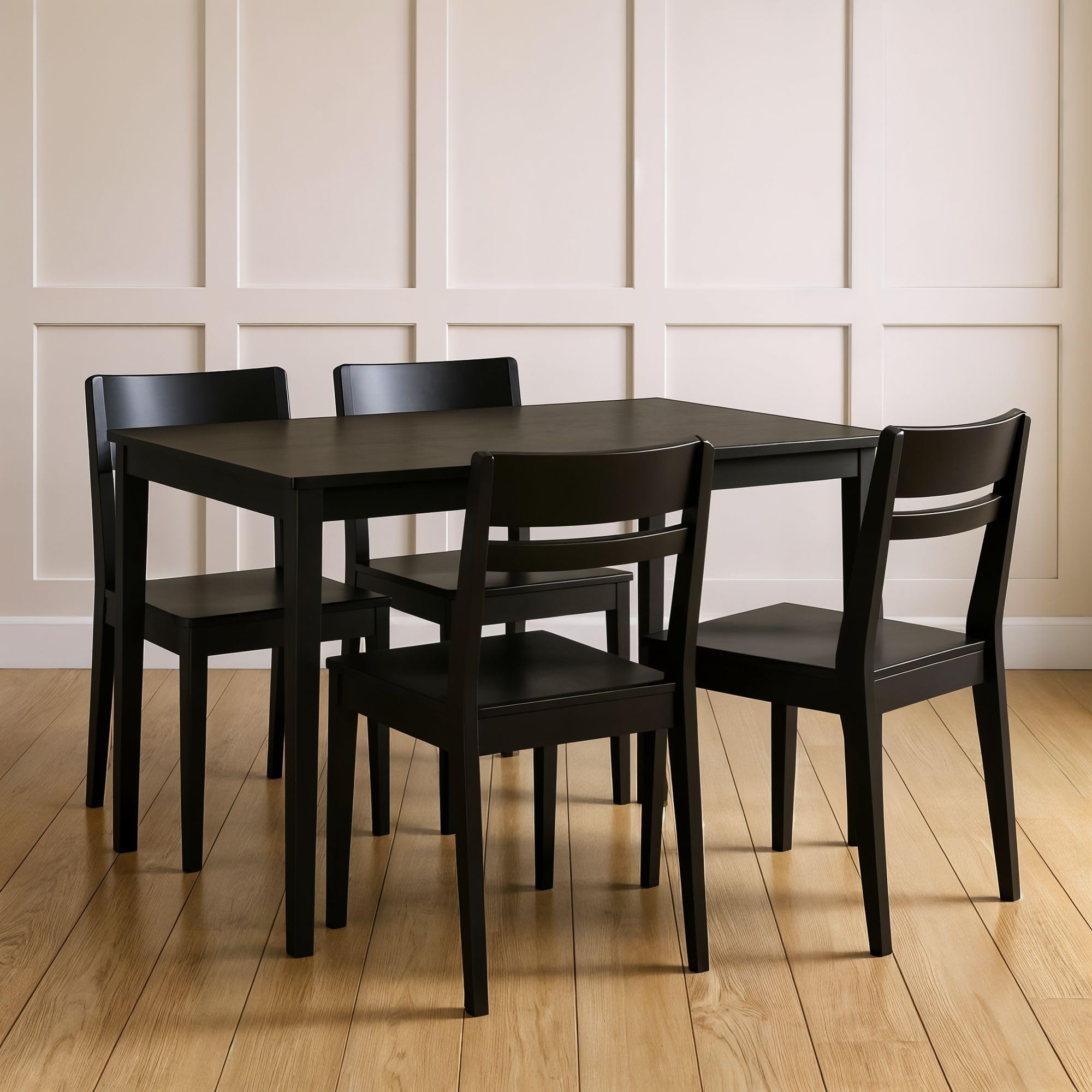 Grain & Grove Crew 5-Piece Dining Set – Solid Wood 43” Rectangular Table and 4 Chairs, Seats 4, Small Kitchen or Dining Room Set, Easy Assembly, Black