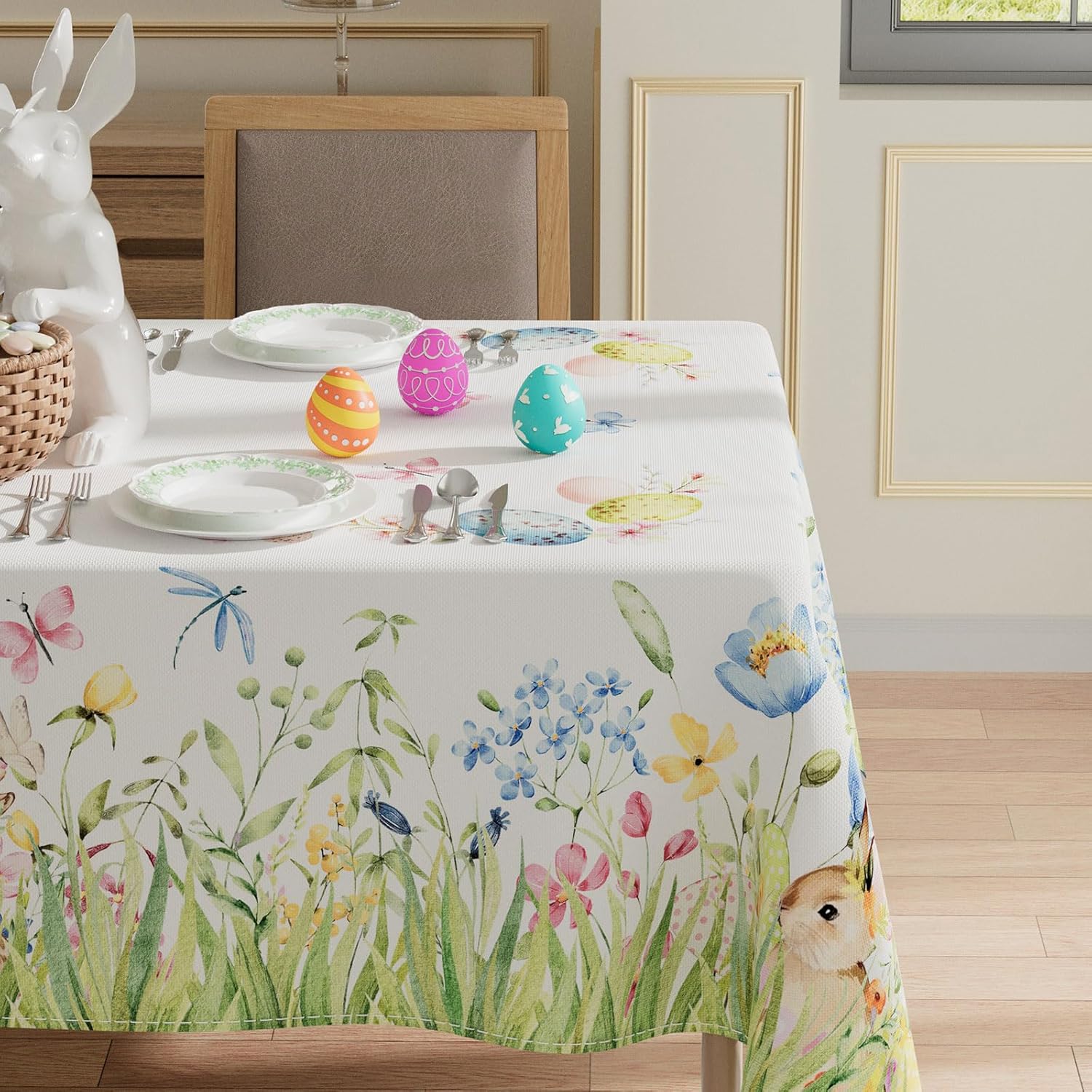 XCHI Bunny Eggs Flower Butterfly Watercolor Rabbits Easter Tablecloth Rectangle Table Cloth Washable Table Covers for Indoor Dining Home Party Decorations 60x120 Inch
