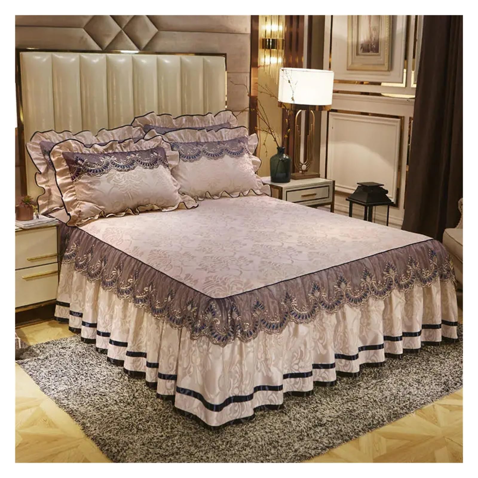 Velvet Bedding Bed Skirt Pillowcases Quilted Bedspread Lace Embroidery Ruffle Mattress Cover Bed Sheet Home Textile(A,1pcs Skirt 180x200)