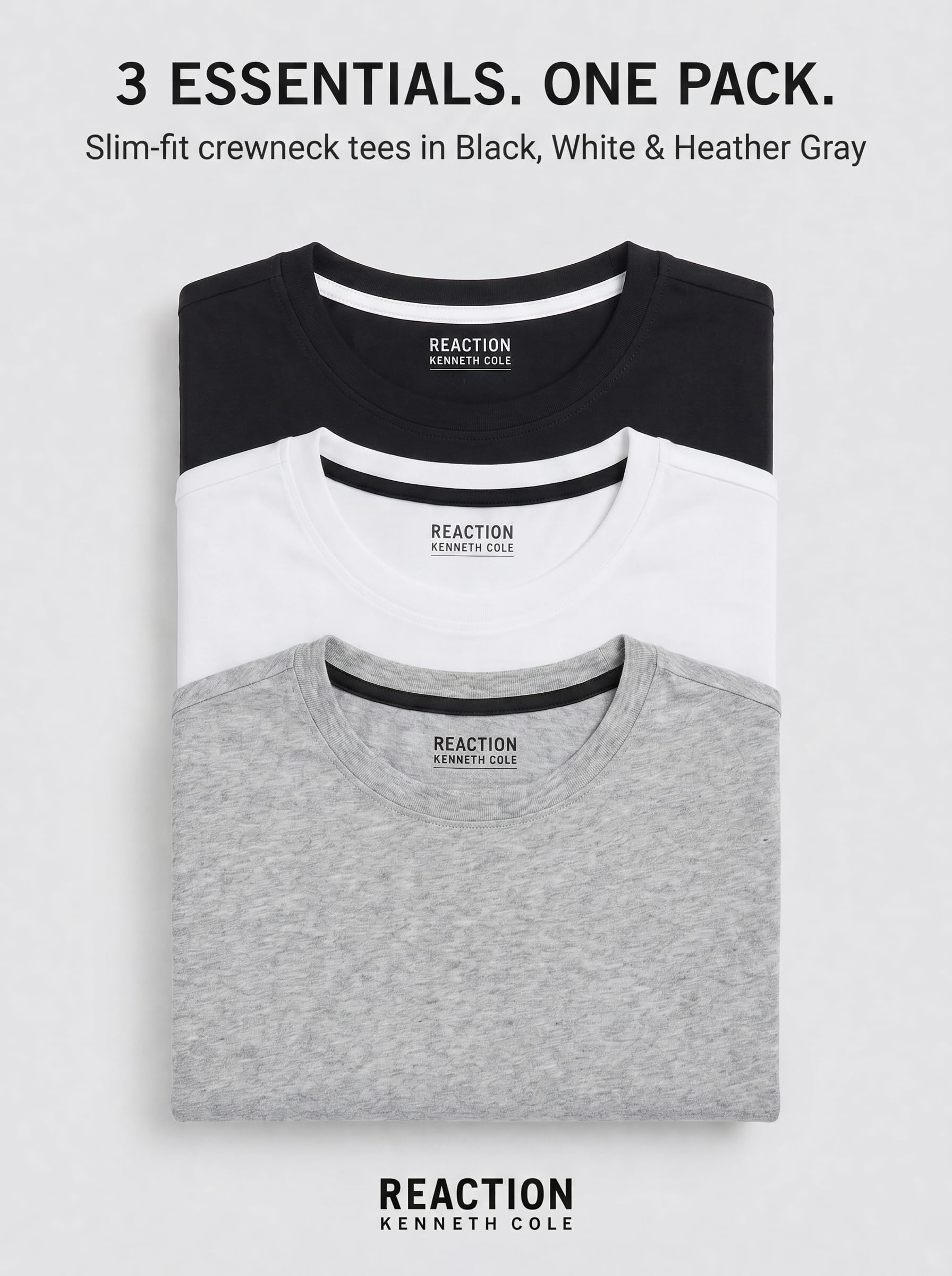 Kenneth Cole REACTION Mens T-Shirt Pack of 3 - UPF 50+ Cotton/Spandex Jersey Slim Fit T Shirts for Men (Black/White/Grey, Medium)