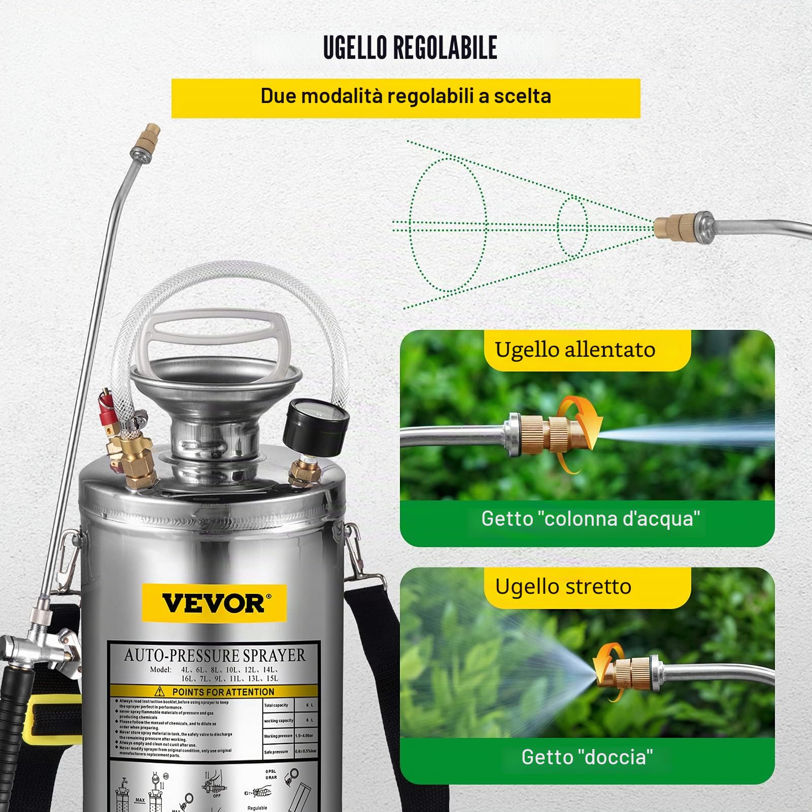 VEVOR Spruzzatore 6L in Acciaio Inossidabile, Spruzzatore Manuale a Pompa, da Giardino Rinforzato a Pressione da 3,3 Pollici, per Giardinaggio Domestico e Pulizia del Terreno