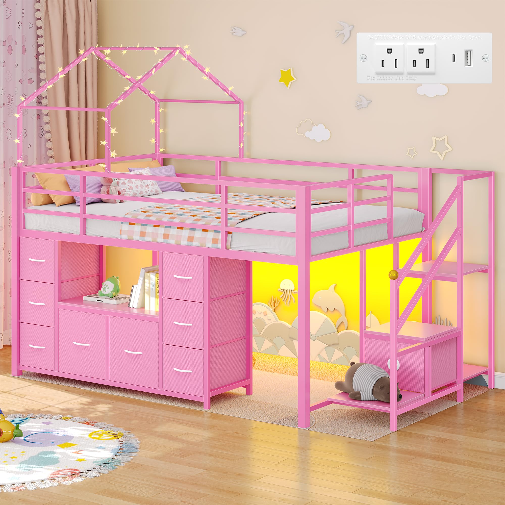 Photo 1 of * reference image**different color** only box 1 of 2**BYSAUD Twin Loft Bed, Low Loft Bed, Metal Kids Loft Bed, Twin Bed Frames for Kids, Under-Bed Play Space, 9 Drawers, 2 Open Shevles, LED Lights, Charging Station, 13.8" Safety Guardrail & Stair, Pink