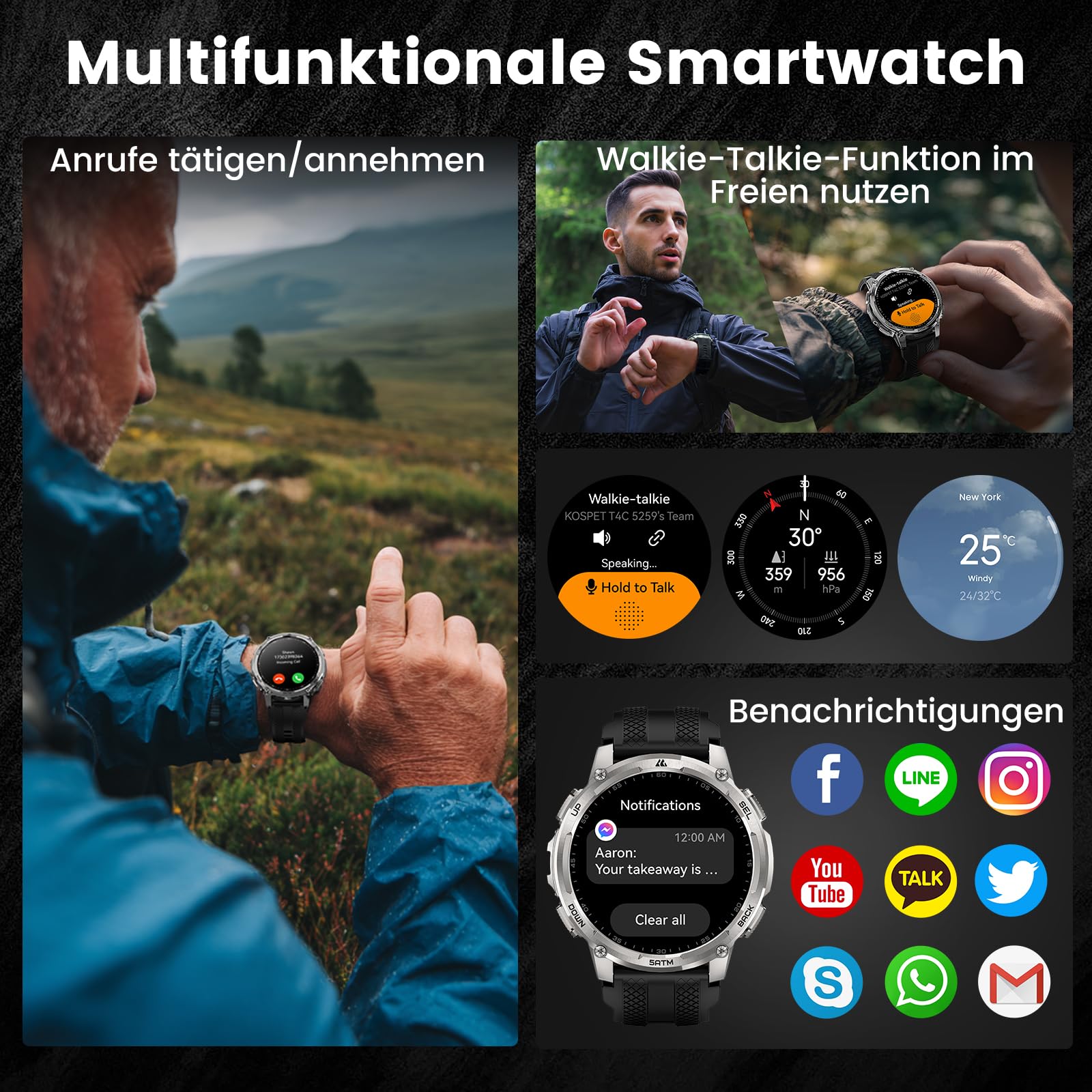 KOSPET Tank T4C GPS Smartwatch Herren mit LED, 1,5" AMOLED, IP69K | Robuste Militär Watch für Android/iPhone, 50M wasserdicht, 170+ Sportmodi, Herzfrequenzmonitor & Schlaf, Telefonfunktion