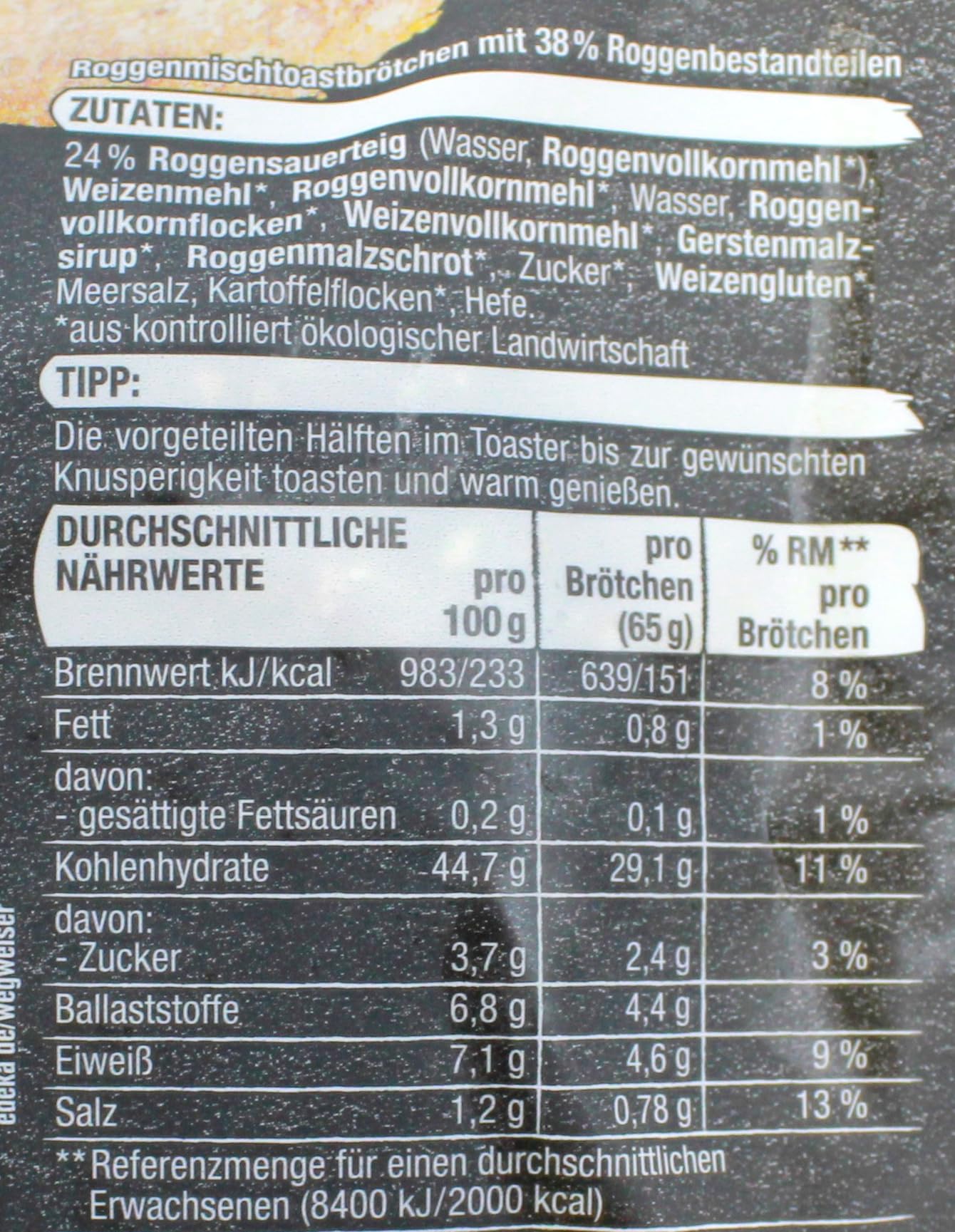 Bio Finn Brød Roggenmischtoastbrötchen, 14er Pack (14 x 260g)