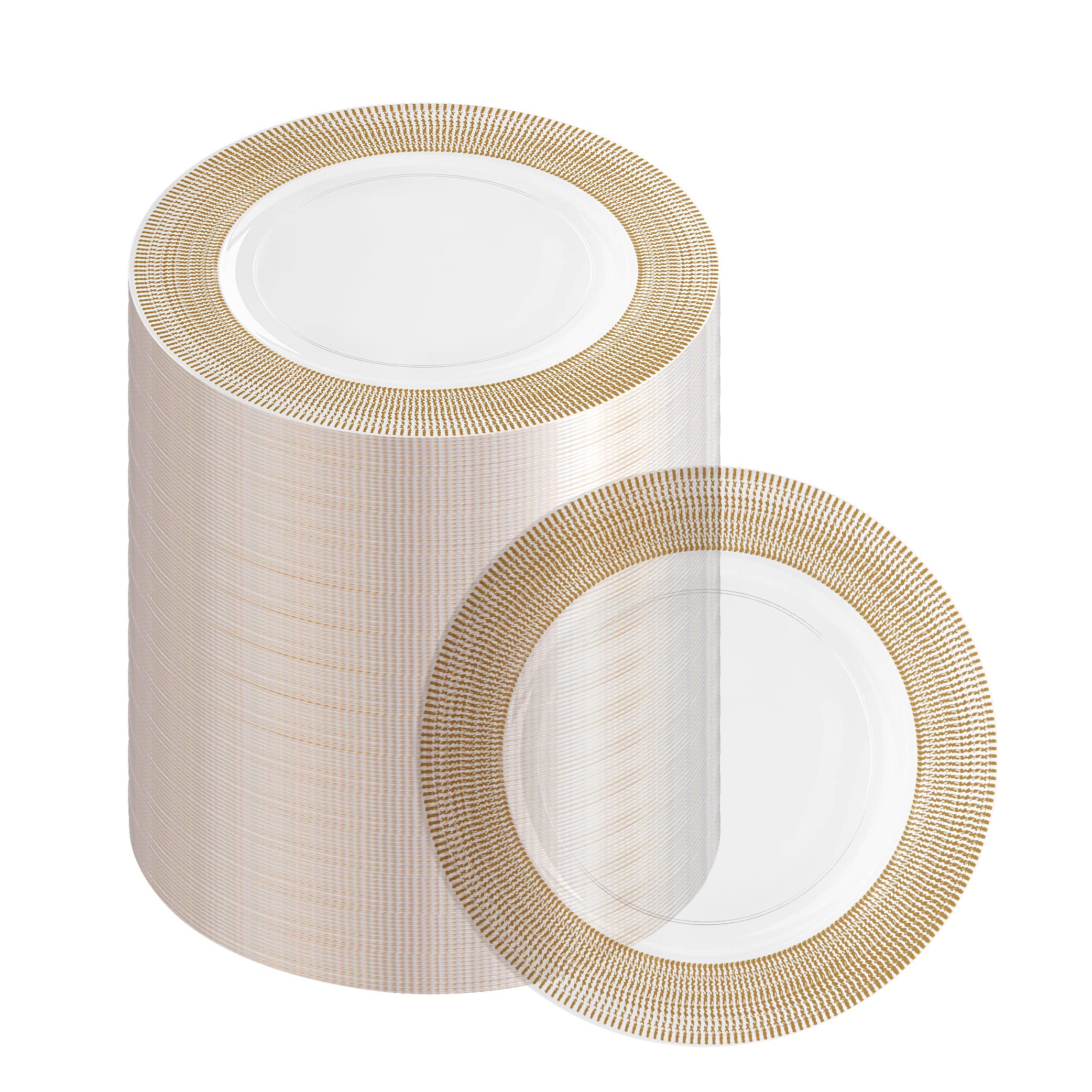PARTY BARGAINS 13-Inch Charger Plates - 96 Pack, Clear Gold Textured Rim, Heavy-Duty Disposable Chargers for Elegant Dining - Ideal for Weddings and Formal Events