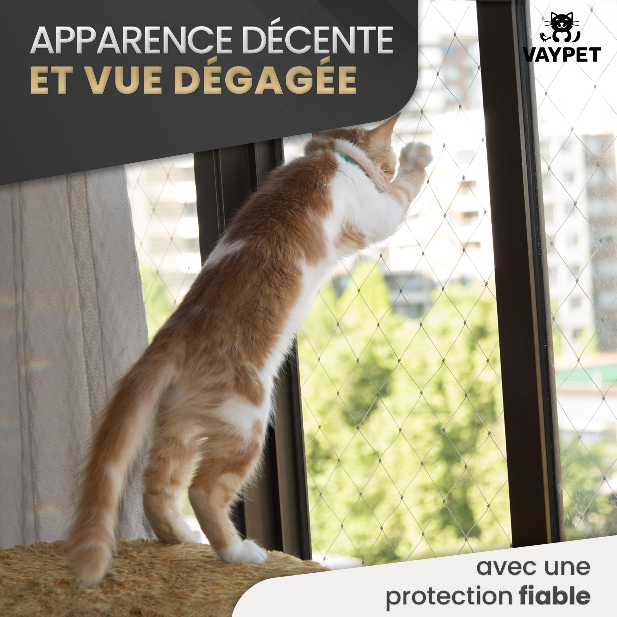 VAYPET® Filet Chat Balcon sans Perçage [4x3m] - Filet Balcon renforcé | Crochets + Colle inclus | Filet résistant aux intempéries | Filet Protection Chat pour Balcon, Fenêtre, Terrasse