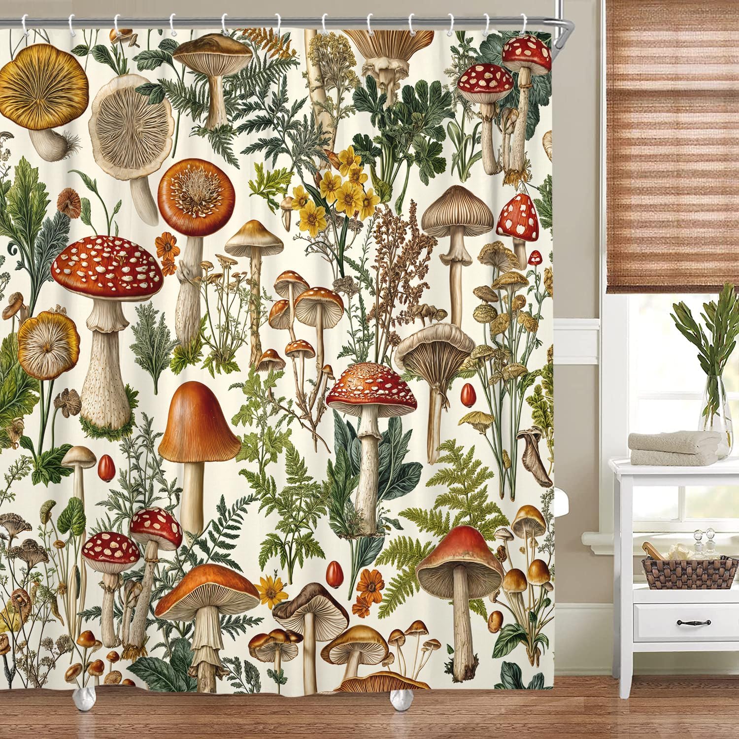 Vintage Boho Mushroom Shower Curtain, Botanical Floral Cottagecore Aesthetic Nature for Bathroom, Fantasy Magical Plant Farmhouse Accessories Beige, 70X75IN