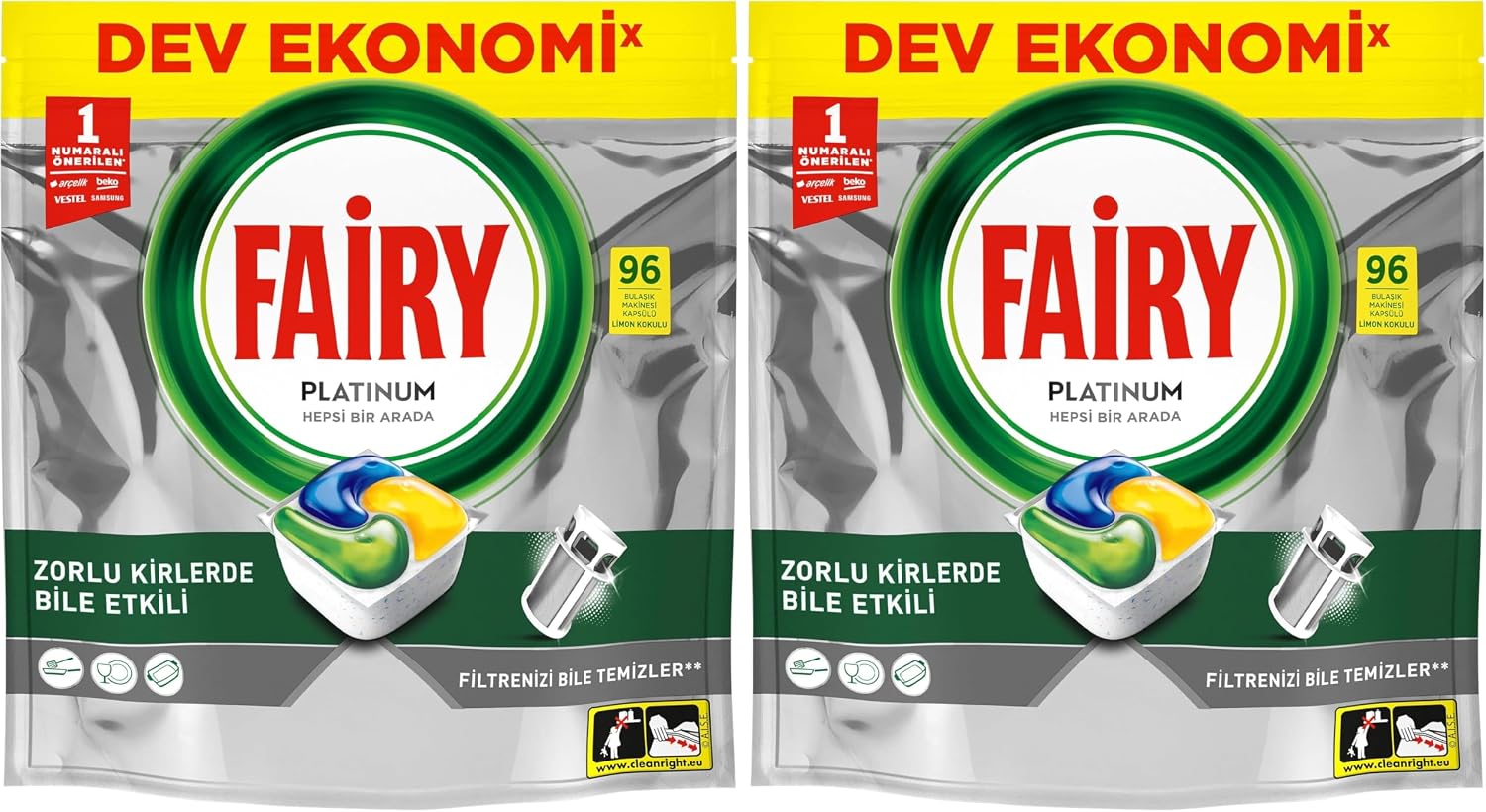 Fairy Platinum Bulaşık Makinesi Deterjanı Kapsülü/Tableti 96 Yıkama Limon Kokulu (2 paketi)