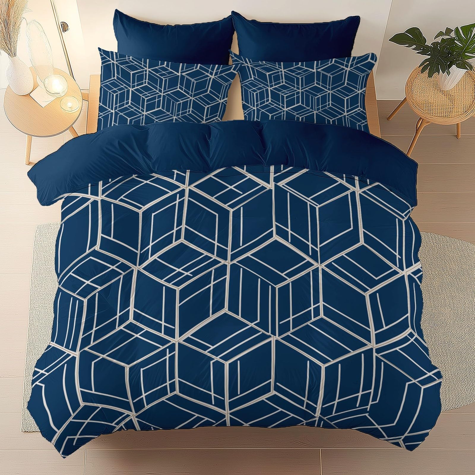 Duvet Cover Geometry Line Strips Simple Premium Brushed Microfiber 135 x 200 cm Duvet Cover Ultrasoft Hypoallergenic Quilt Covers Reversible Easy Care Bedding Navy Blue