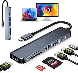 Adaptador Hub USB-C Multiportas 6 em 1, MTS, HDMI 4K, USB 3.0, USB 2.0, Leitor SD/TF, USB-C PD 100W – Tipo C para Notebook, MacBook, Alumínio Compacto, Alta Velocidade, Plug & Play, Multiportas