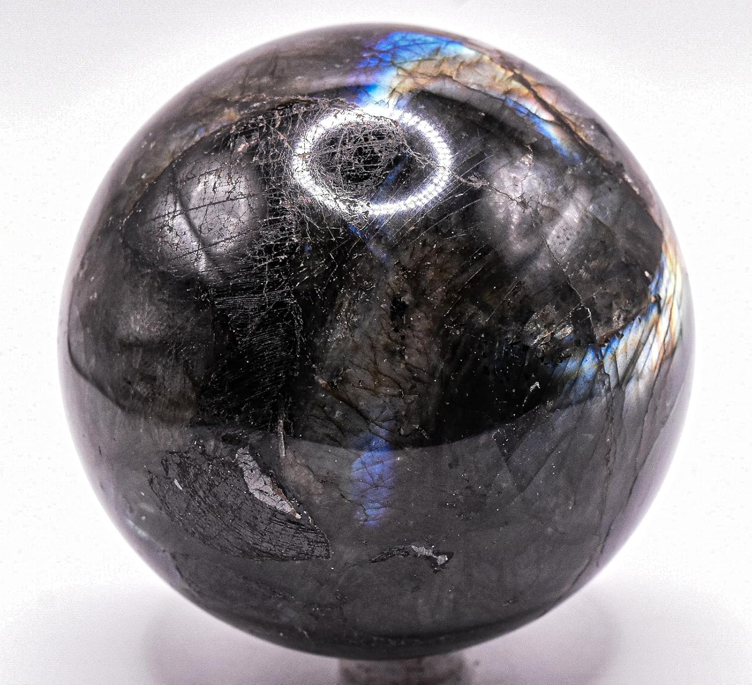 2.9" 665g Rainbow Blue Flash Dark Larbadorite Carved Sphere Polished Natural Sparkling Feldspar Gemstone Crystal Mineral Collectible Ball - Madagascar + Stand