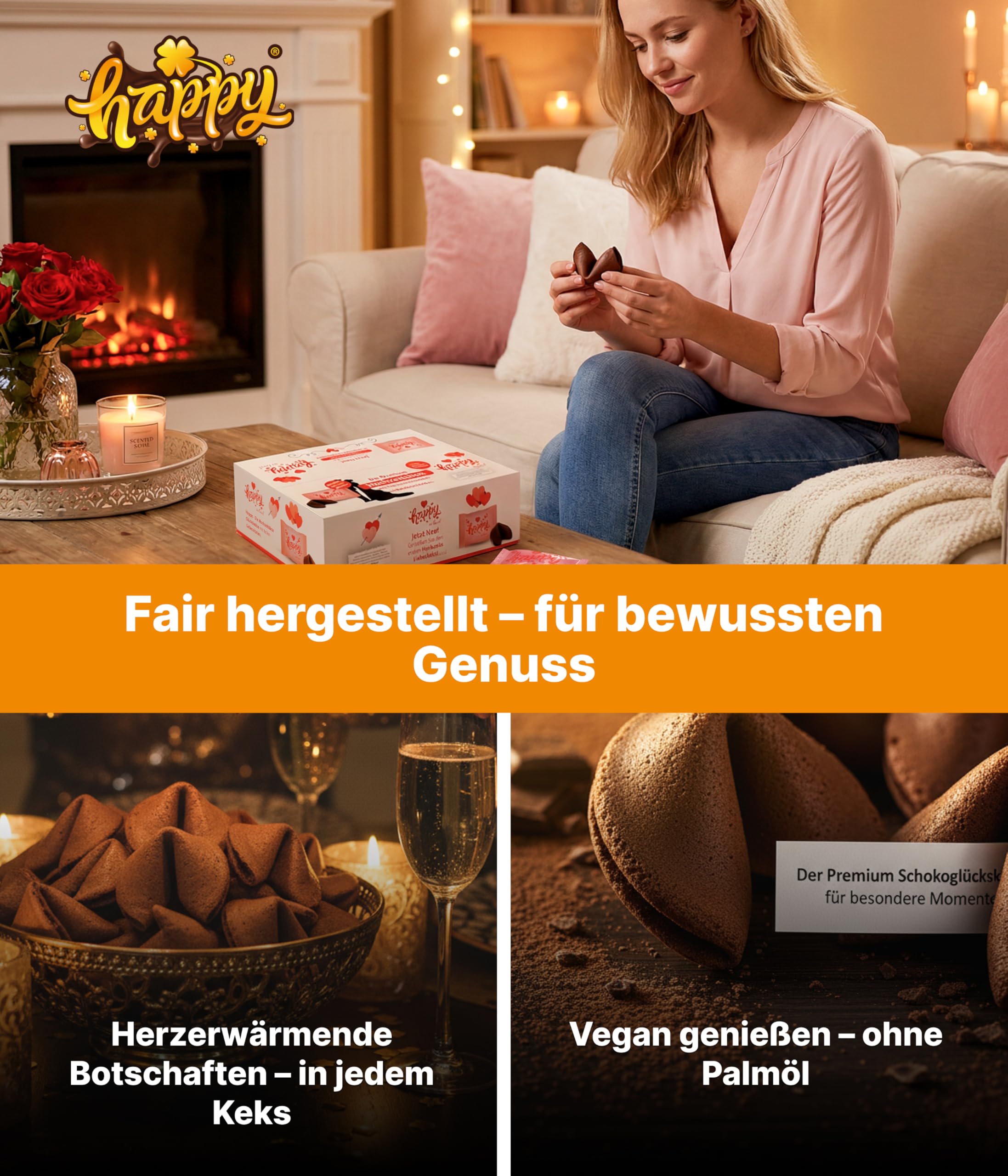 HappyKeks Hochzeitsbox | 100 vegane Schoko-Glückskekse aus Fairtrade-Schokolade | Glückskekse Hochzeit | ideale Gastgeschenke & Hochzeit Deko | Wedding Edition