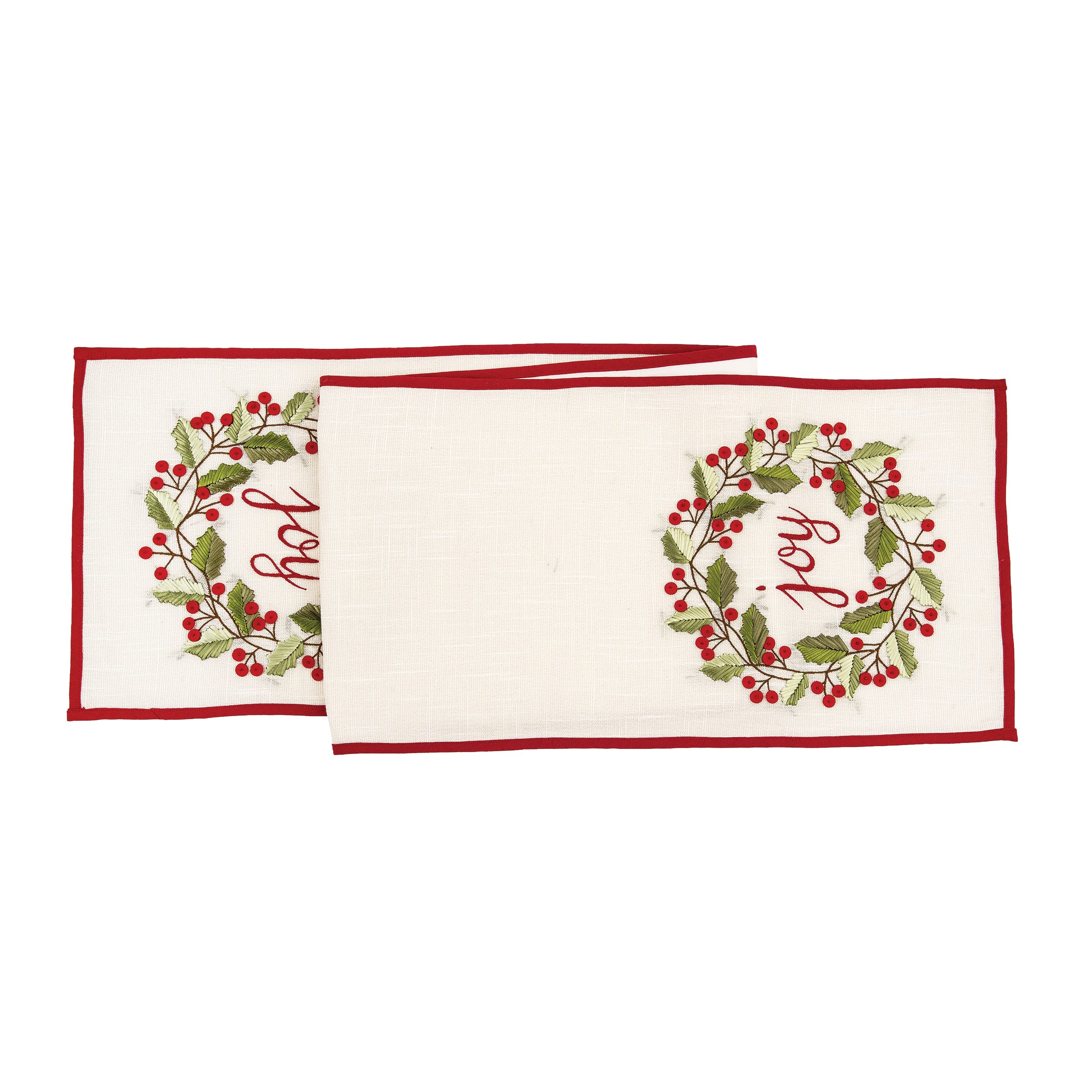 C&F Home 14" x 72" Embordered Joy Sentiment with Holly Berry Wreath on Off White Background with Red Trim Cotton Table Runner Table Runner Beige