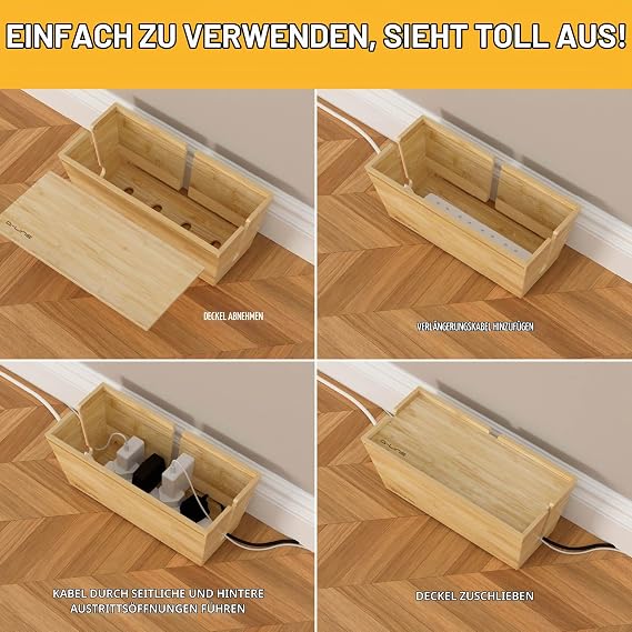 D-Line Bamboo Cable Management Box - Hidden Extension Cables & Wires Large Cable Organiser Box for Home & Office Wooden Cable Organiser for Desk TV & Floor - Natural Finish