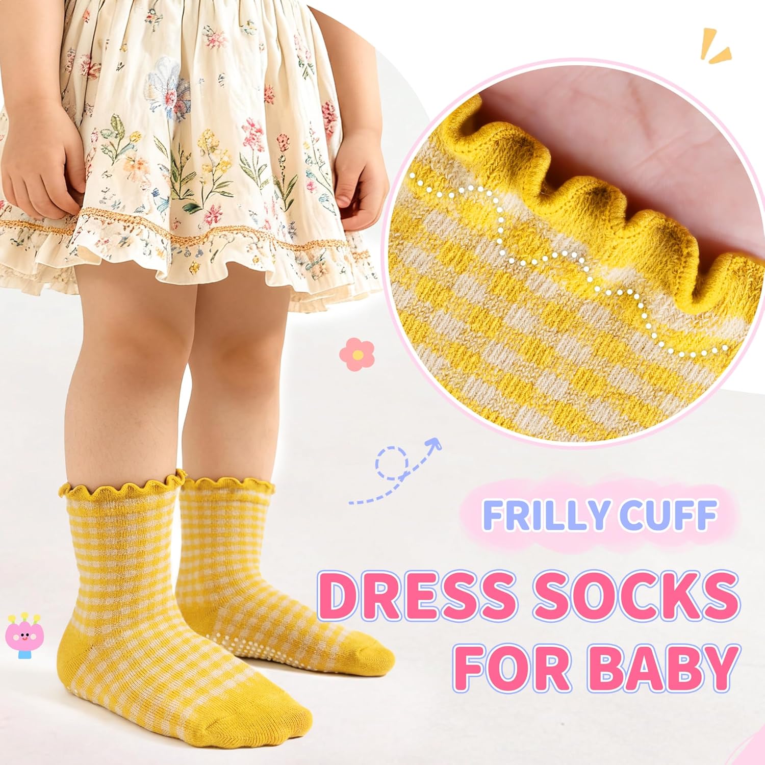 Eocom Toddler Ruffle Socks Baby Girls Non Slip Frilly Dress Cotton Grips Socks 6 Pairs - Image 3