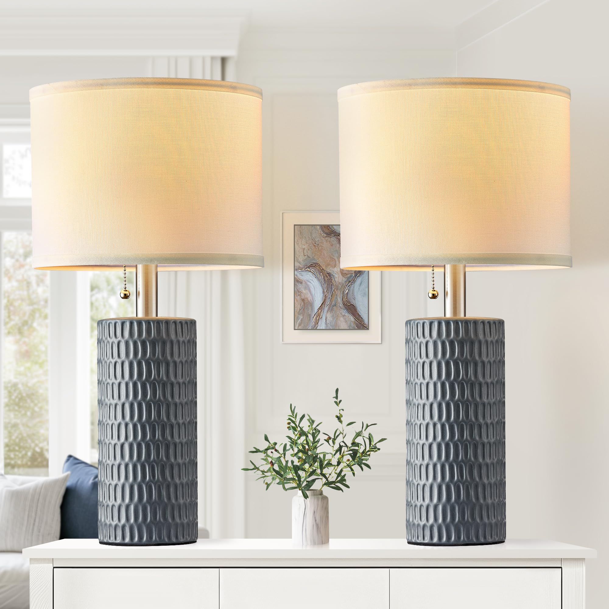 Reaketon Set of 2 Table Lamps for Living Room, Ceramic Table Lamps for Bedroom, Modern Lamps 20 Inch Bedside Lamps, Grey