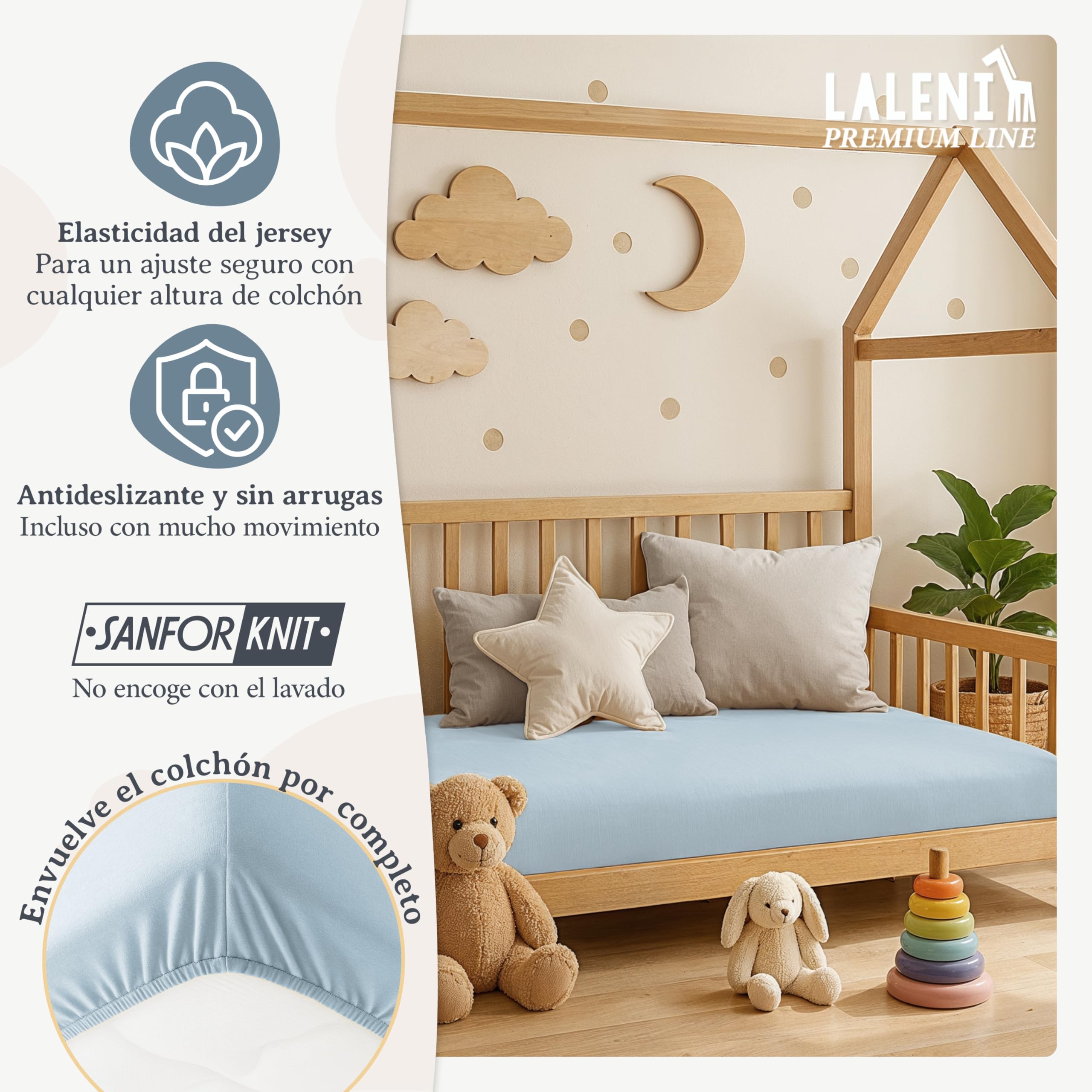 Laleni Premium sabana bajera cuna 50x89 cm cuna bebe 2 pzs - sabana bajera cuna para cochecito bebe certificada OEKO-TEX - sabana cuna 100% algodón - sabanas bajeras cuna - sabanas minicuna azul claro