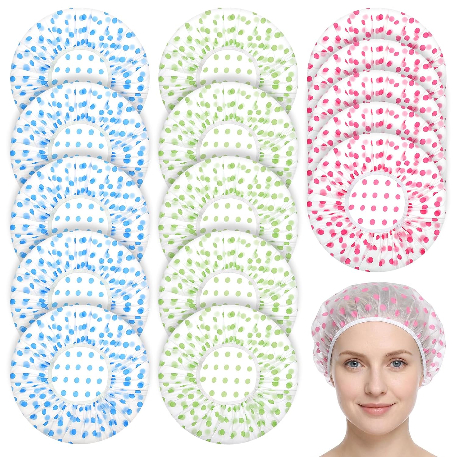 15Pcs Shower Caps - Waterproof Reusable Bath Caps for Women