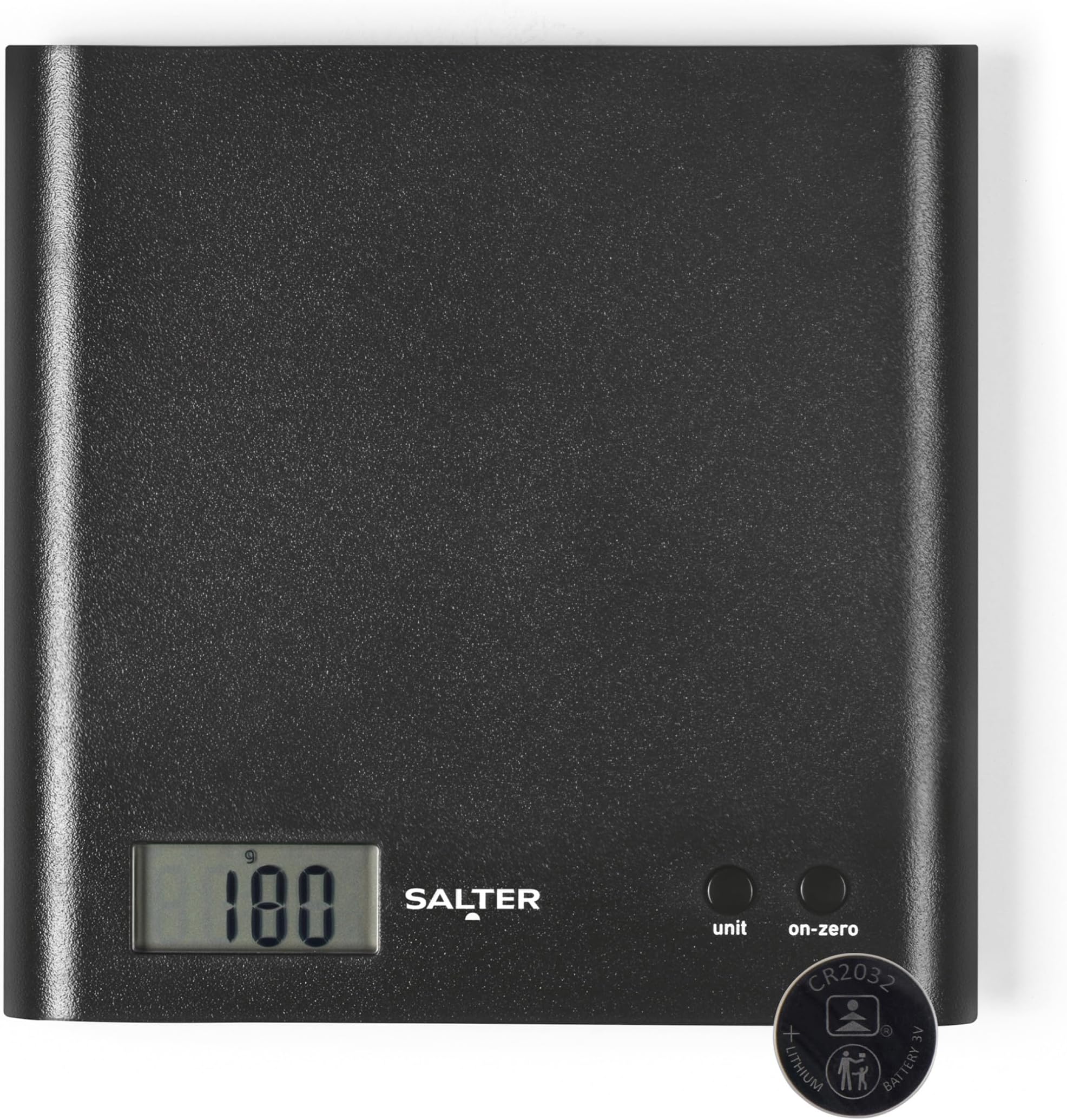 Salter Arc Digital Kitchen Scale, 3 Kg Capacity, Add And Weigh | Slim ABS platform, large LCD display, grams/lb/oz units, weighs in bowl or on platform, battery included, wipe-clean surface
