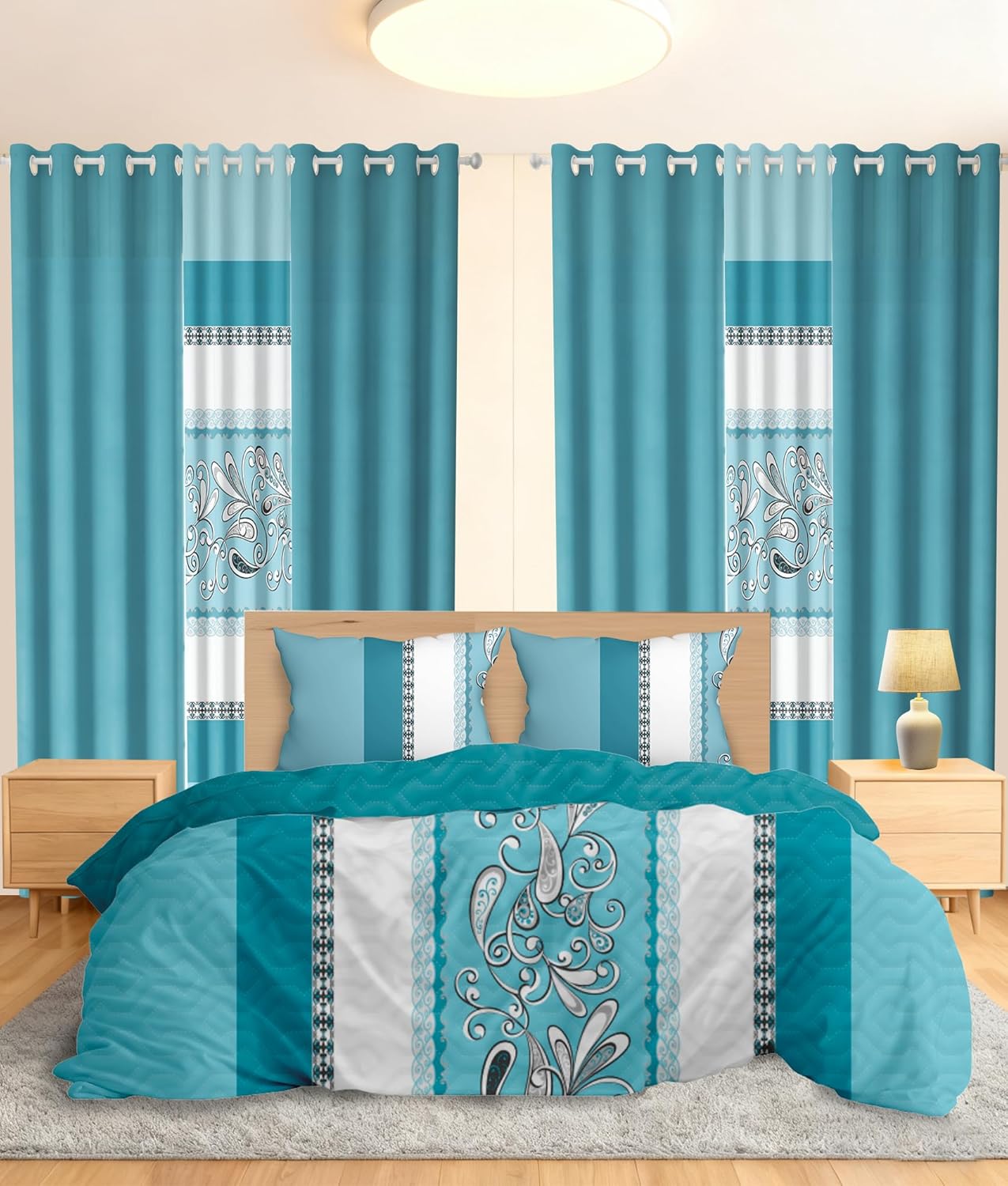 9Pc Home Textiles 1 Filling Bedspread Coverlet 2 Printed Pillowslip and 6 Half Blackout Curtains Lightweight Comforter Coordinated Bedding Set King Size Blove Blossom Style