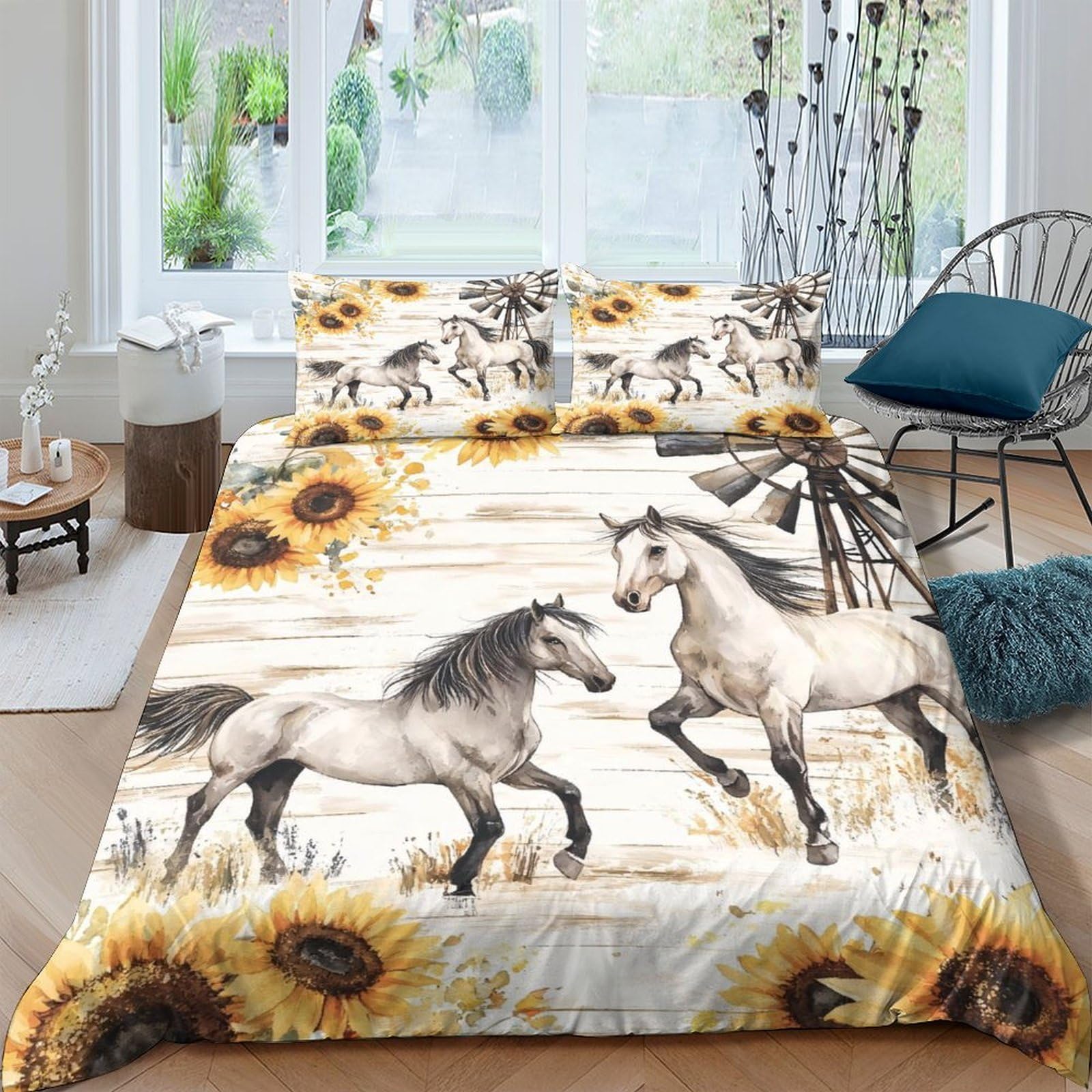 Ctjqhvkz Style-5 3D Printed Horse Sunflower Fitted Sheet Microfiber Soft Anti-Slip Bed Cover For Bedroom Decor Mattress Protection Single（135X200cm）