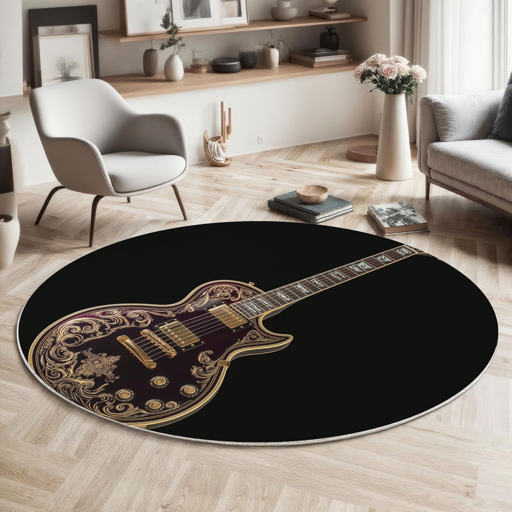 Tapis rond guitare moquette vintage antidérapante lavable rouge foncé 100cm