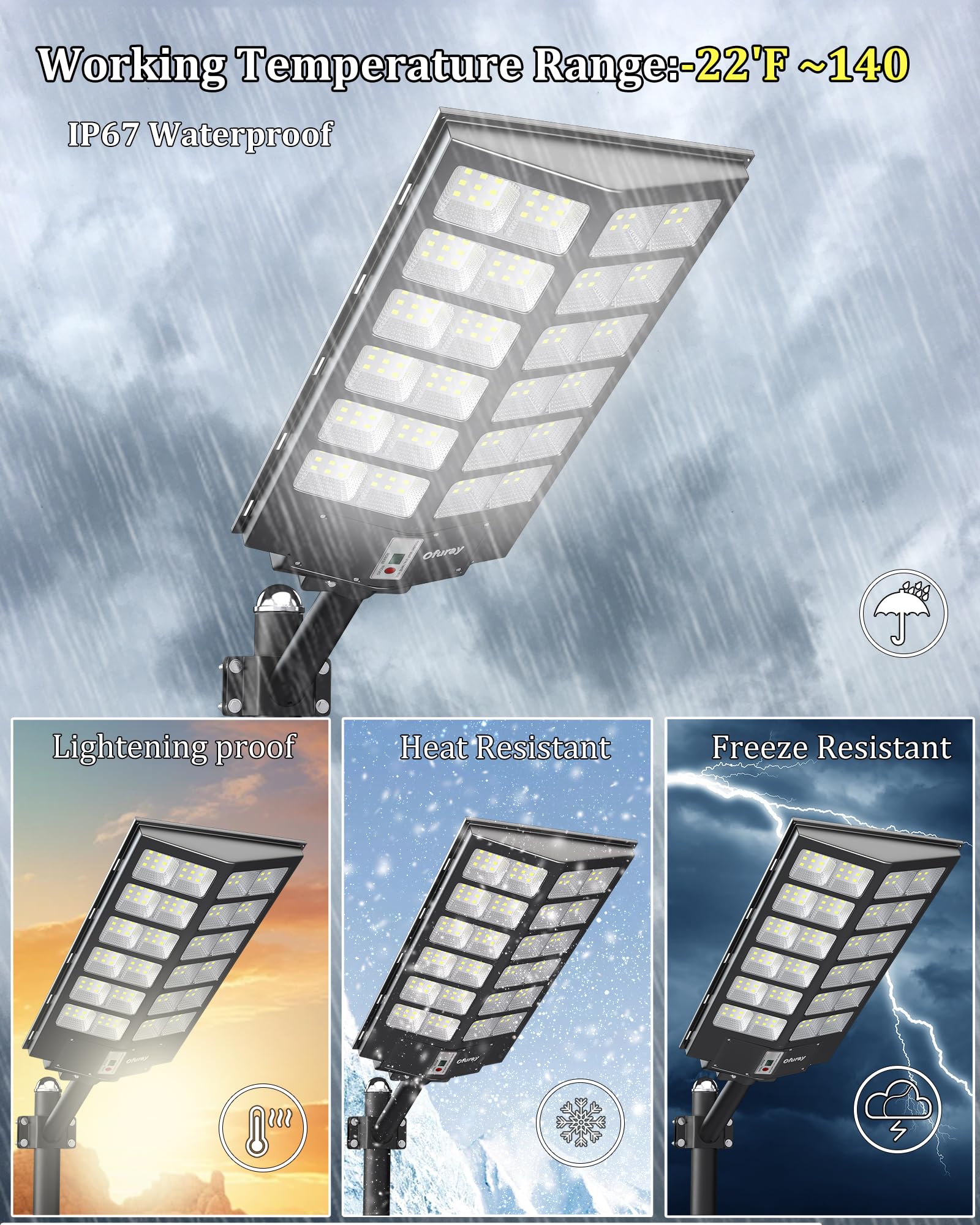 Ofuray Of-9800W Solar Straßenlaterne für Außen, Solarlampen mit Bewegungsmelder, 6500K Superhelle Led Solar Strahler Außen mit Fernbedienung, IP67 Wasserdicht Solarleuchte für Gärten, Garage, Straßen