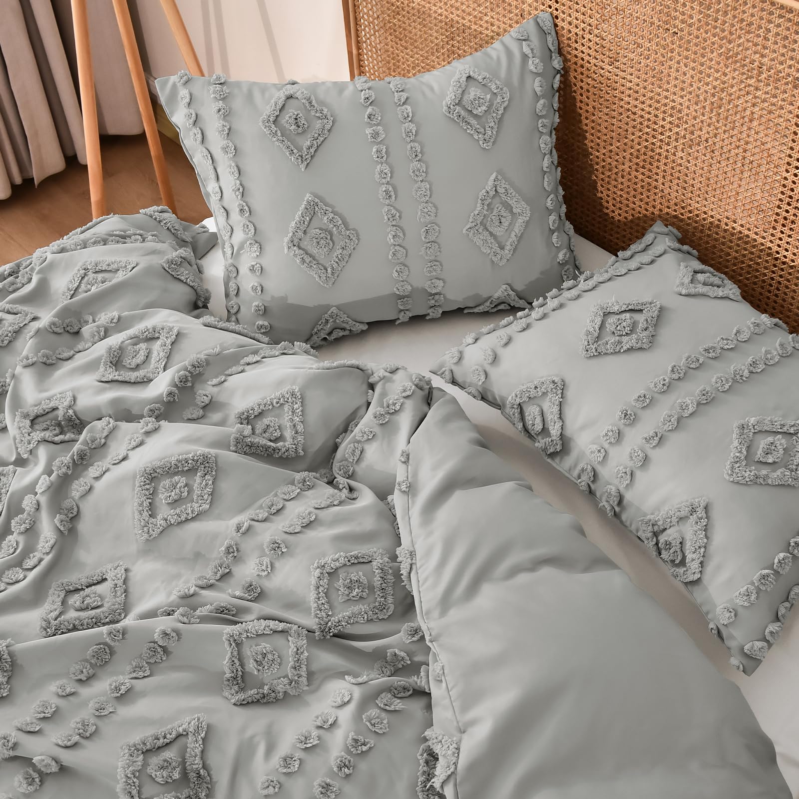 PHF Boho Duvet Cover King Size, Soft Tufted Duvet Cover Set for All Seasons, 3 Pieces Textured Shabby Chic Bedding Set with 2 Pillowcases, Frosted Grey, 104