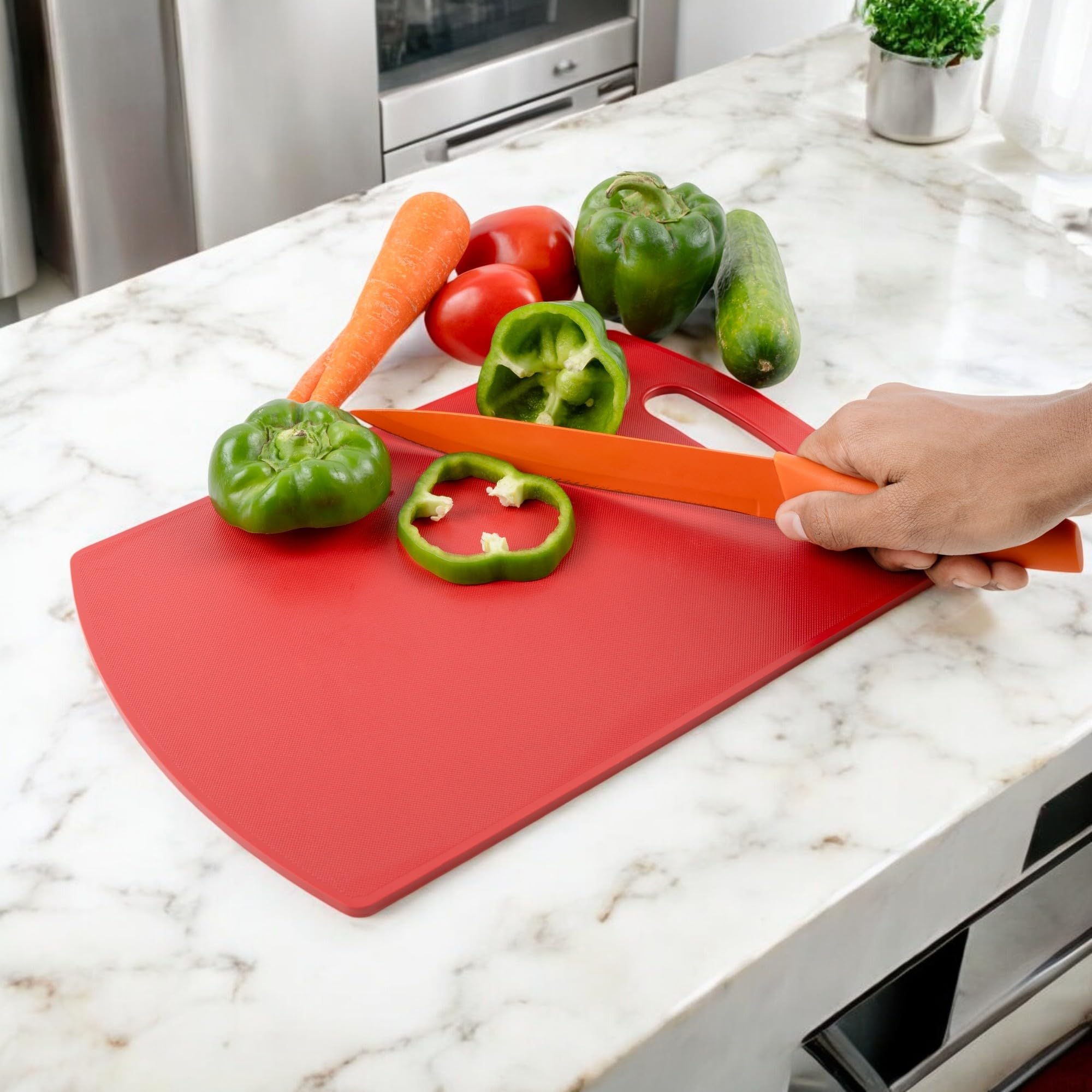 Kitchen Plastic Cutting Chopping Board with Handle for Vegetable, Fruits, Cheese, Premium-Grade Plastic, 100% Food Safe, BPA-Free, Dishwasher Safe, Microwave Safe, Anti Bacterial Red Rectangle