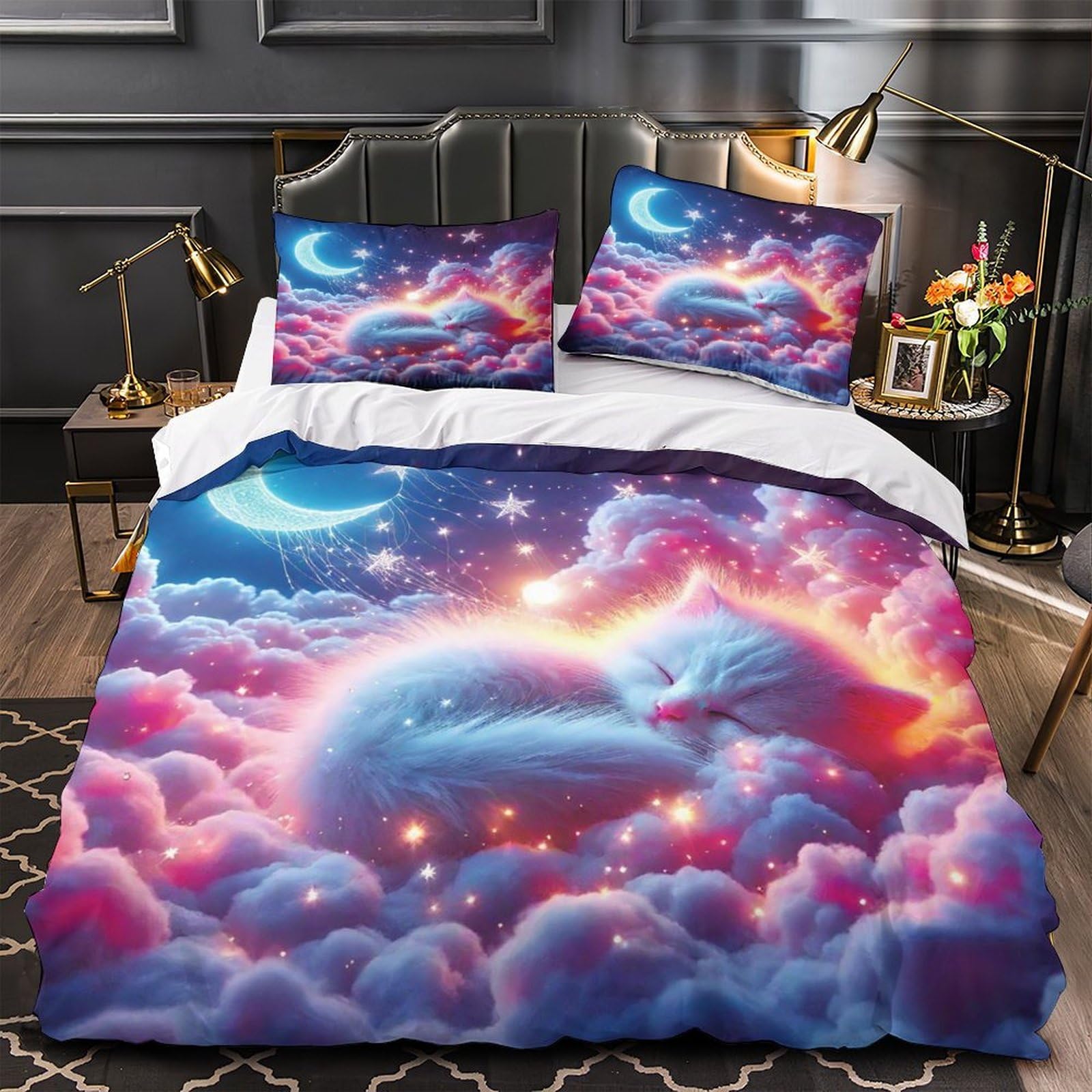 Housse de couette chat 3D 260x220 en microfibre avec taie d'oreiller pour lit enfant et ado