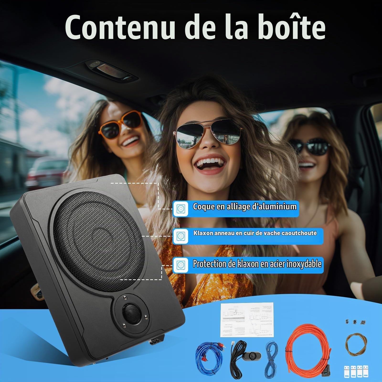Caisson Basse Voiture,Caisson Basses Actif Voiture Compact 600W 8 Pouces avec Jeu Câbles,Excellente Performance Basse Fréquence, Sortie Musique Pure et Effets Sonores