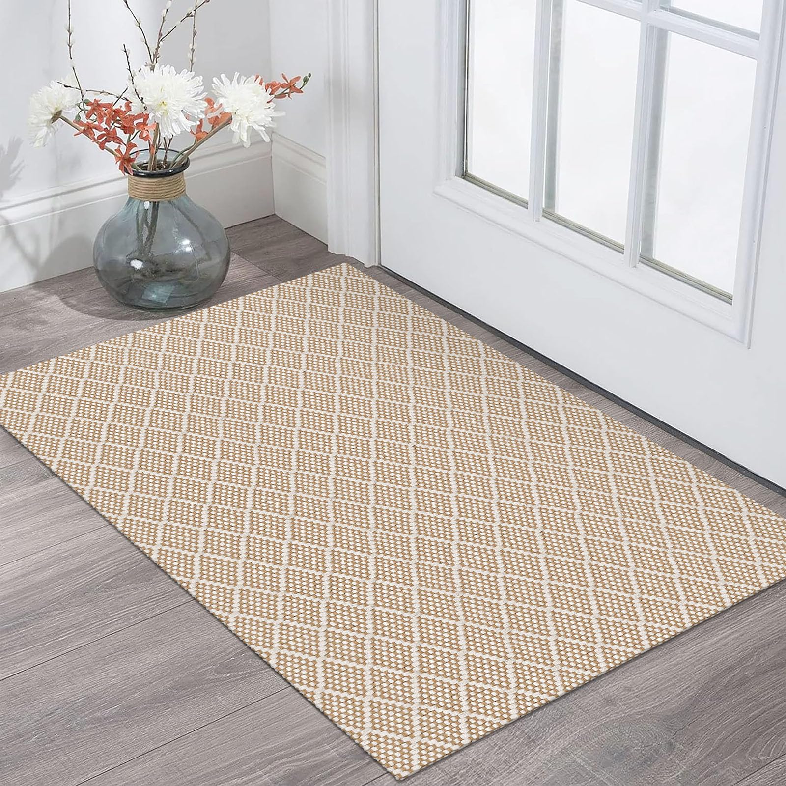 KOZYFLY Small Area Rug 2x3 Ft Washable Entryway Rug Non Slip Rubber Backed Throw Rugs Indoor Door Mat, Braided Cotton Floor Carpet for Front Entrance Front Door Sink Foyer, Tan/Beige โ image 1