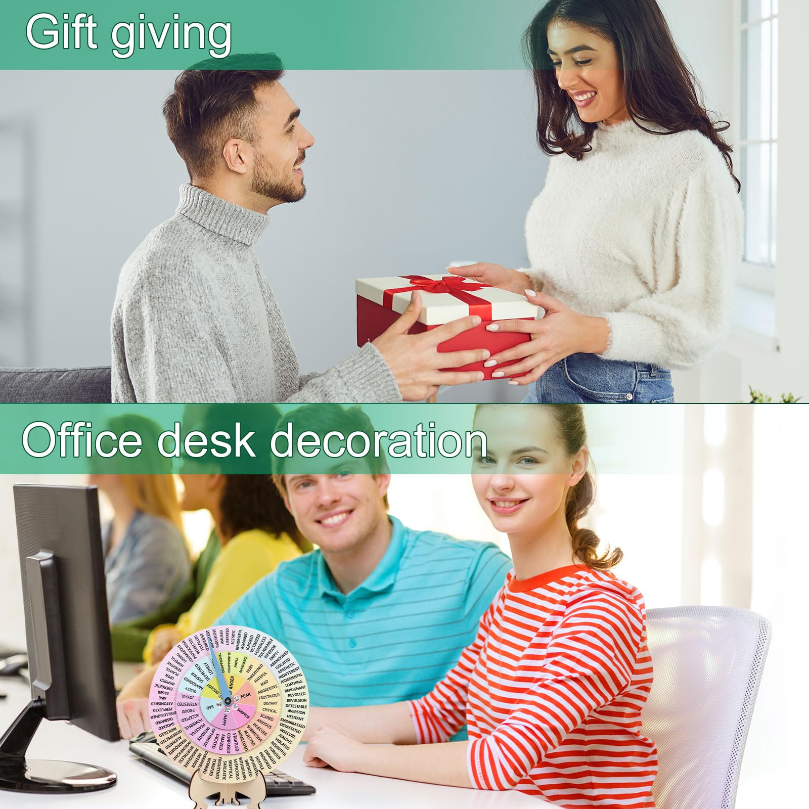 NQEUEPN Feelings Rad mit Ständer, 20 cm Hölzernes Emotionsrad, Diagramm, rotierende Gefühle, Diagramm, Therapeuten, Geschenk für Erwachsene, Frauen, Männer, Zuhause, Büro (grün)
