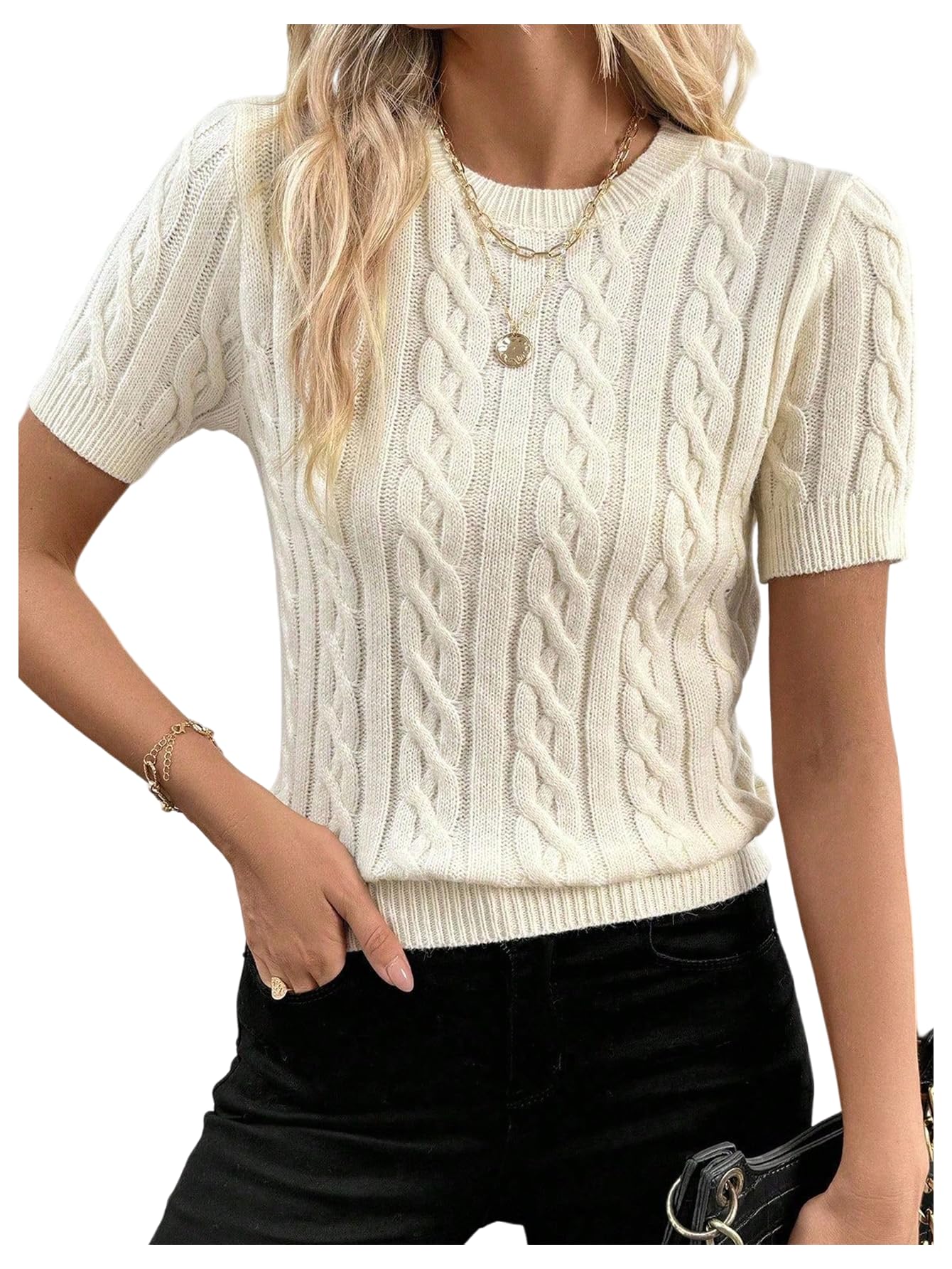 SOLY HUX Womens Cable Knit Short Sleeve Sweater Lightweight Crew Neck Knit Casual Pullover Tops