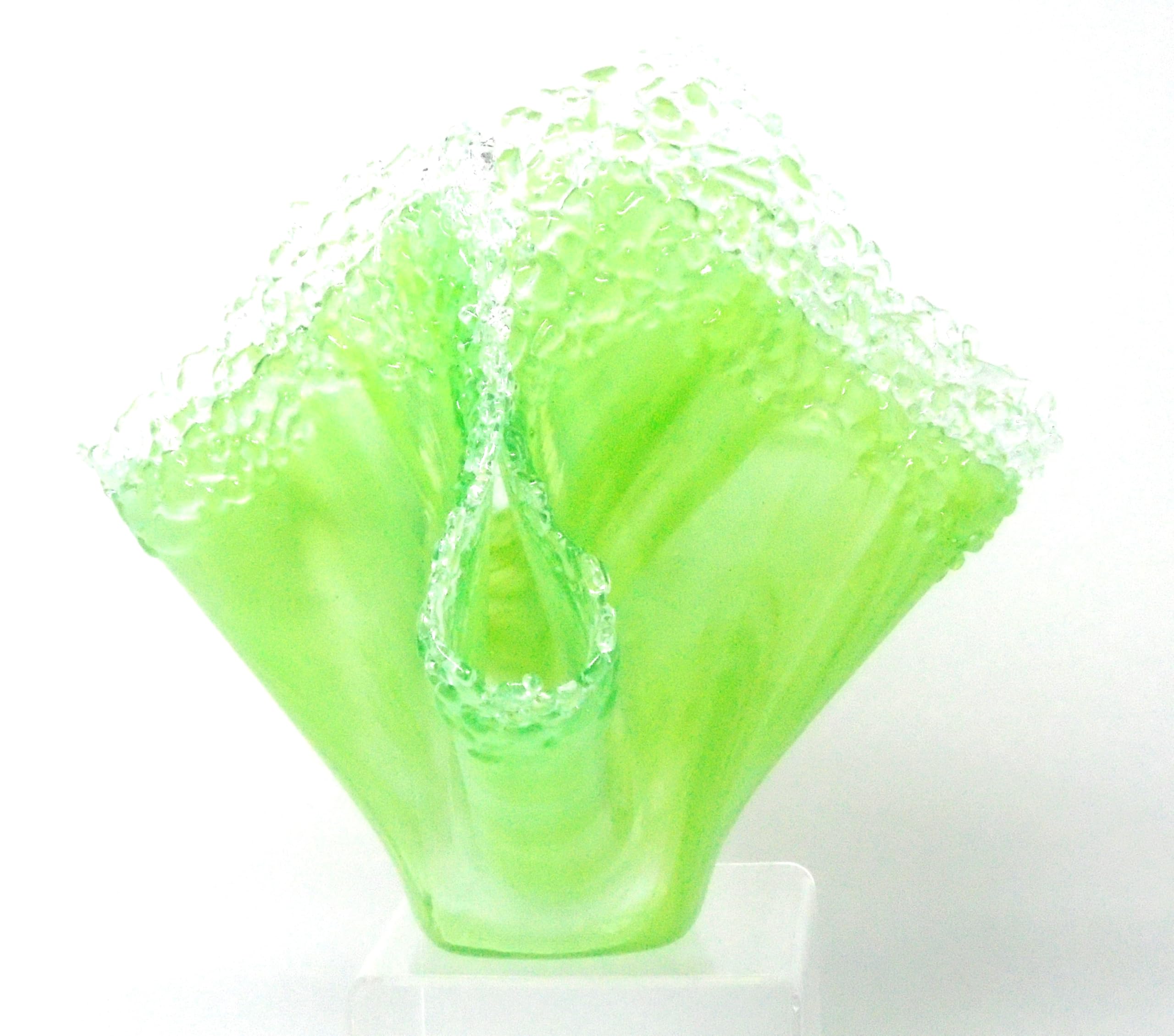 Lacy Edged Green and Clear Swirls Vase Candle Holder Handcrafted Fused Glass 9 inches