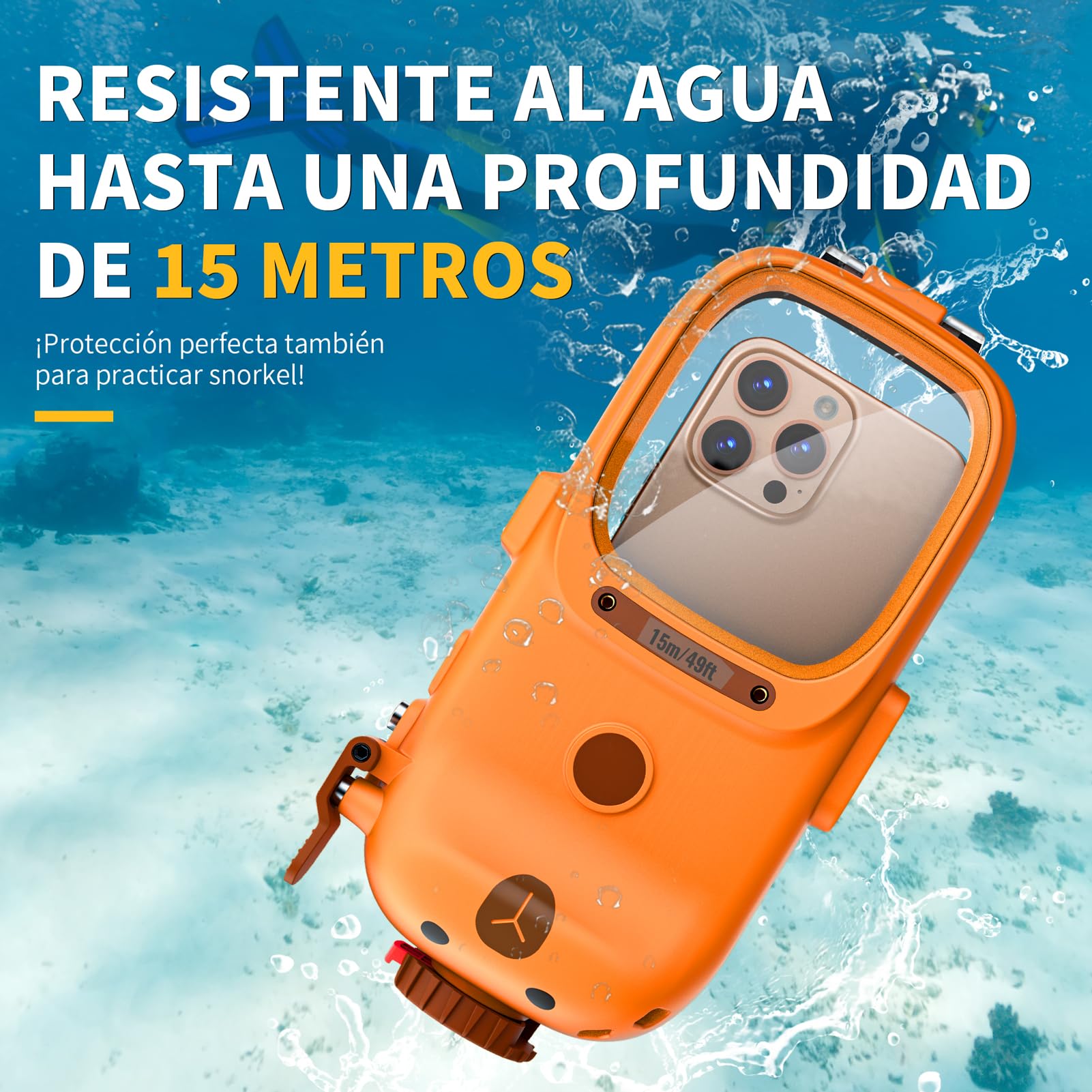 Funda Impermeable IPX8 Universal para Buceo, Profesional Sumergible 15M [Función Bluetooth] [Enfoque Ajustable] Funda para iPhone Samsung Galaxy Xiaomi Redmi Google Honor 4,7-6,9", Naranja
